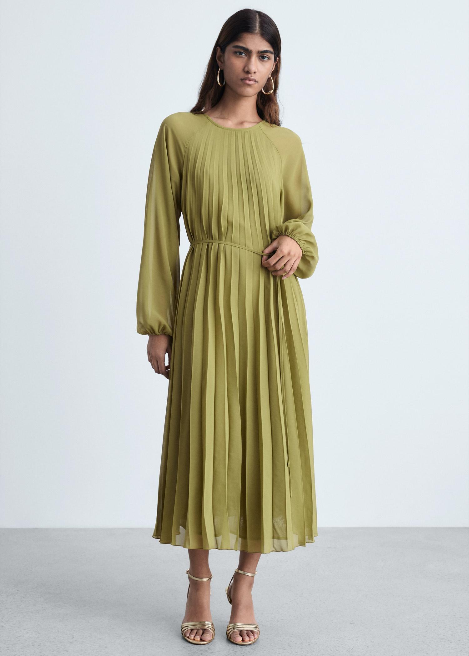 Pleated dress with bow belt - Women | MANGO USA Product Image