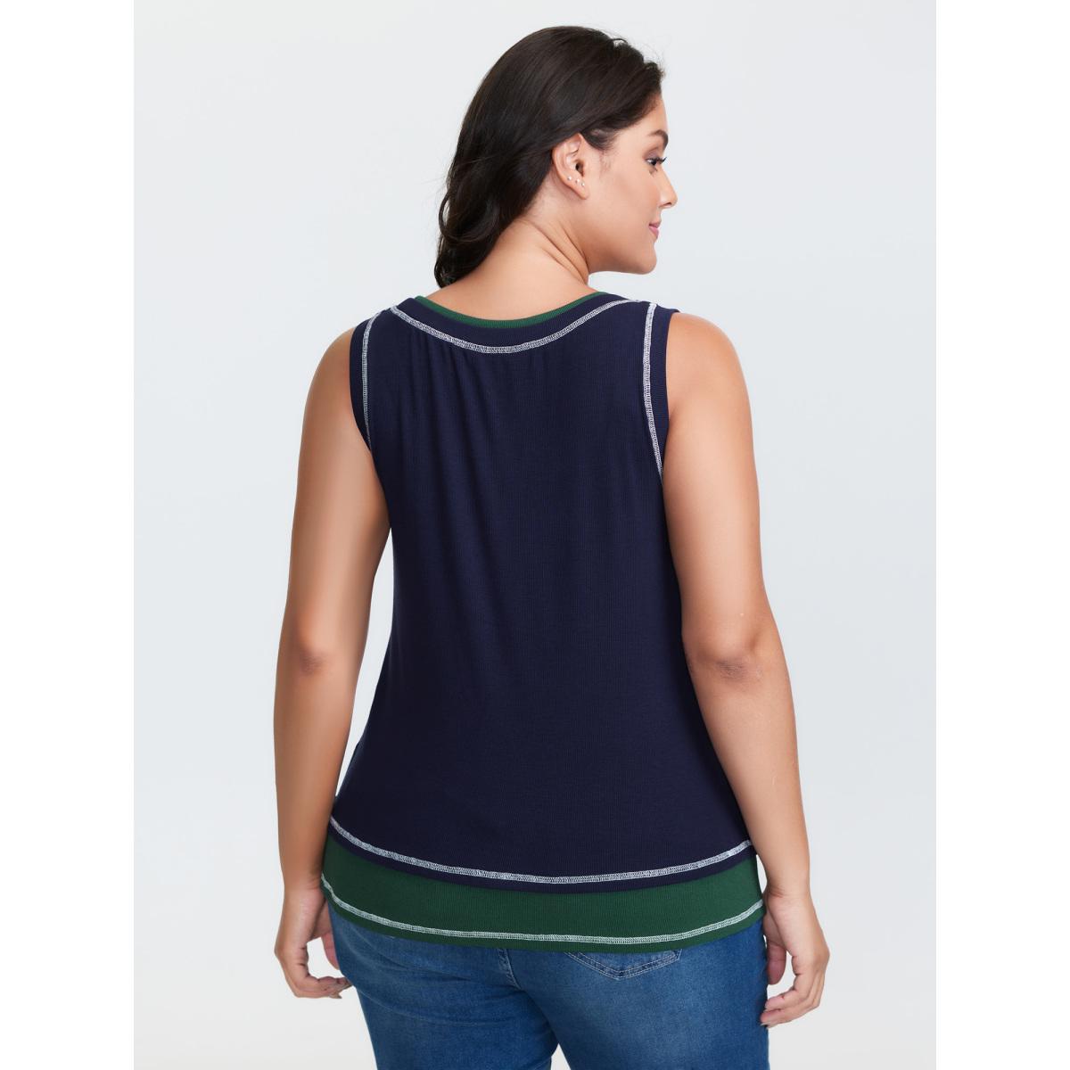 Plus Size Supersoft Scoop Neckline Contrast Tank Top Women DarkBlue Leisure Topstitching U-neck Casual Tank Tops Camis BloomChic 22-24/3X Product Image