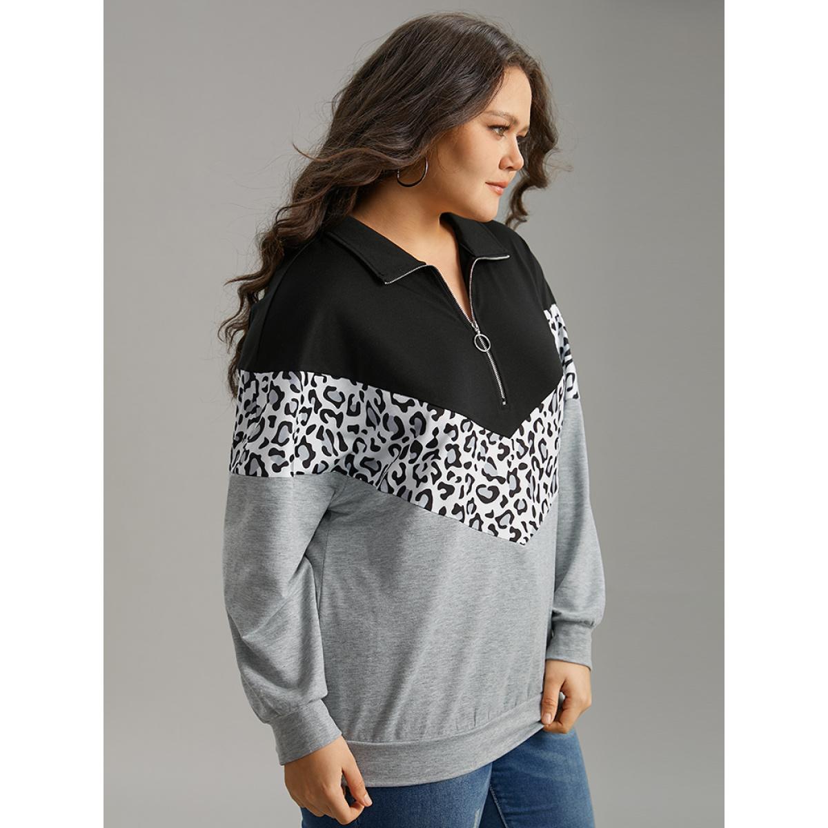 Plus Size Leopard Contrast Patchwork Half Zip Sweatshirt Women Black Casual Elastic cuffs Loose Polo Everyday Sweatshirts BloomChic 12/L Product Image