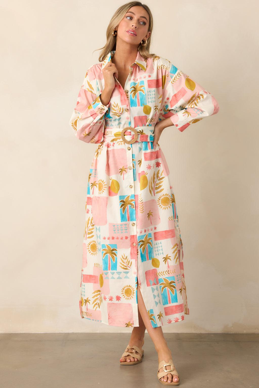 Palms & Paradise Pink Multi Tropical Print Button Front Maxi Dress Product Image