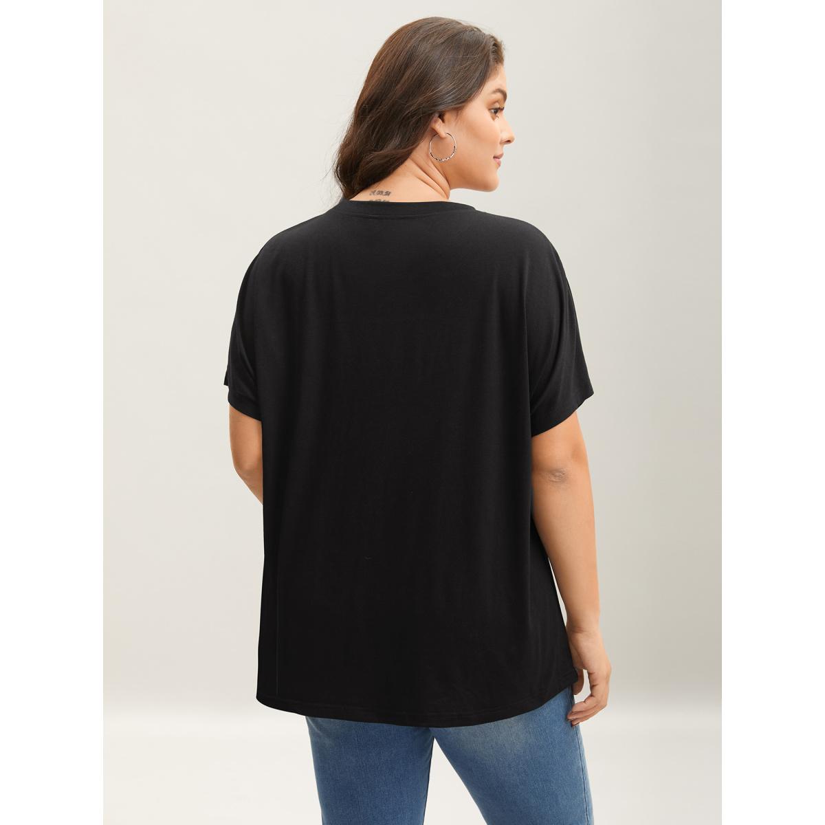 Plus Size Lace Design Color Contrast T-Shirt Black Women Casual Contrast Round Neck Casual T-shirts BloomChic 10/M Product Image