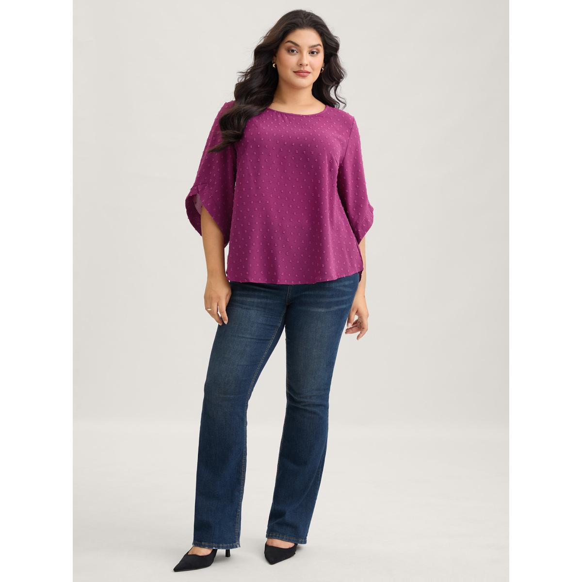 Plus Size RedViolet Textured Round Neck Bell Sleeve Blouse Women Timeless Elbow-length sleeve Round Neck Elegant Blouses BloomChic 10/M Product Image