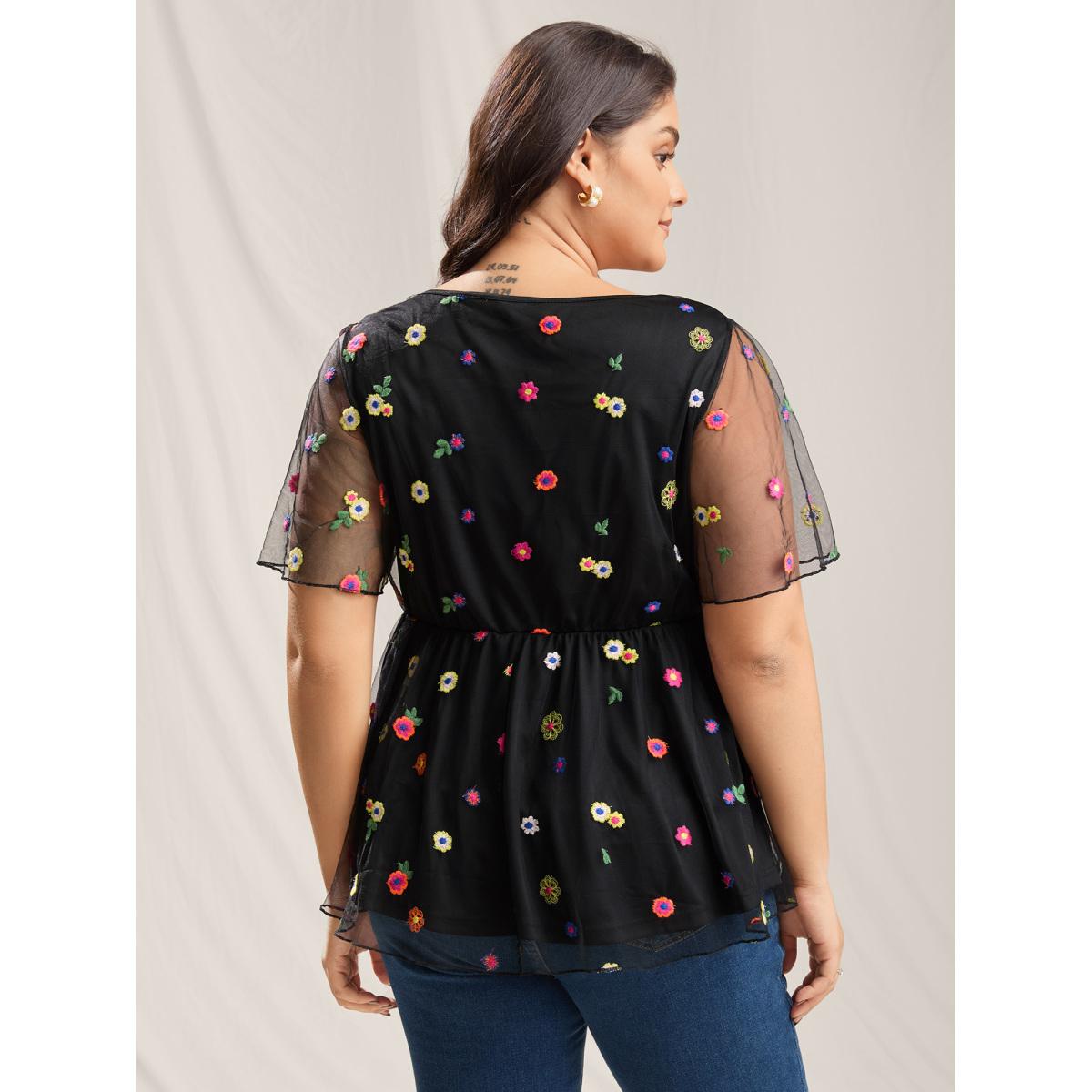 Plus Size Black Floral Mesh Embroidery Babydoll Blouse Women Playful Short sleeve Round Neck Casual Blouses BloomChic 30/6X Product Image