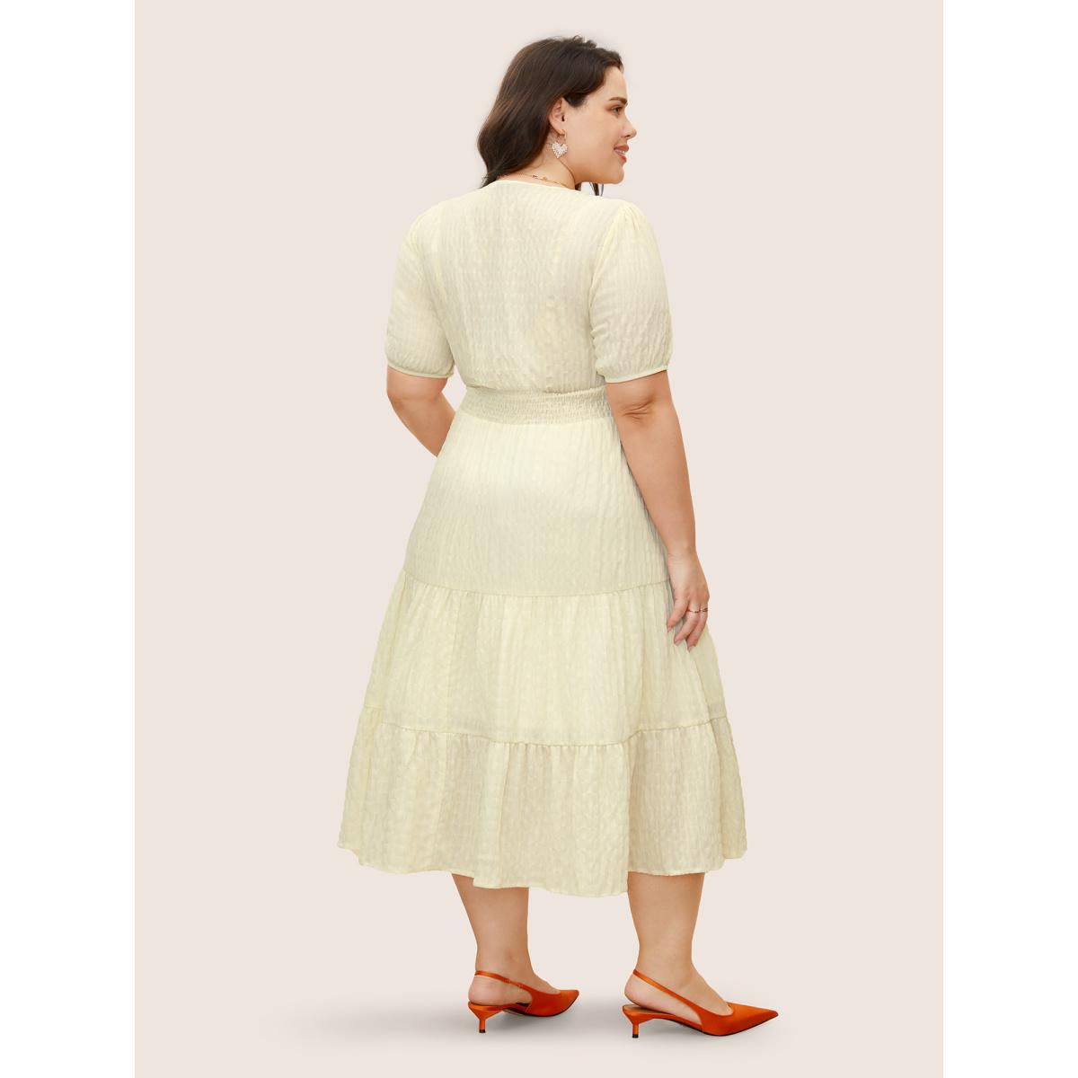 Plus Size V Neck Solid Textured Button Detail Dress Apricot Women Elegant Button V-neck Short sleeve Curvy BloomChic 10/M Product Image