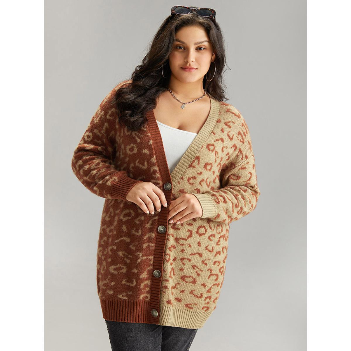 Plus Size Leopard Print Contrast Button Through Cardigan Leopard Women Casual Loose Long Sleeve Dailywear Cardigans BloomChic 22-24/3X Product Image