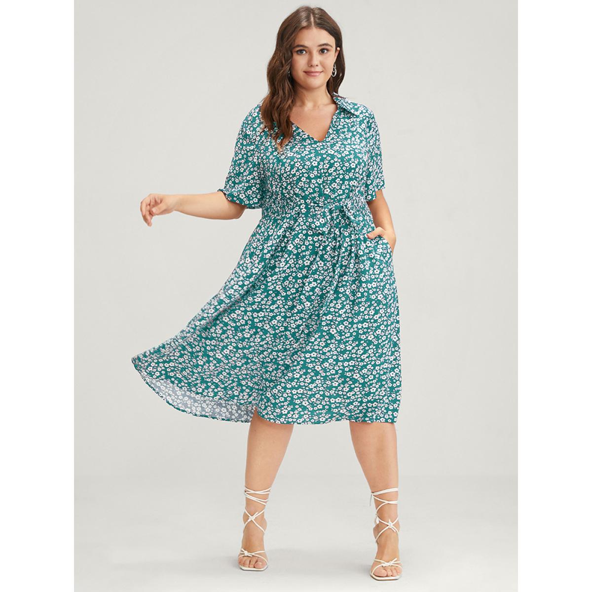 Plus Size Floral Knotted Pocket Shirred Midi Dress Emerald Women Elegant Elastic Waist V-neck Half Sleeve Curvy Midi Dress BloomChic 10/M Product Image