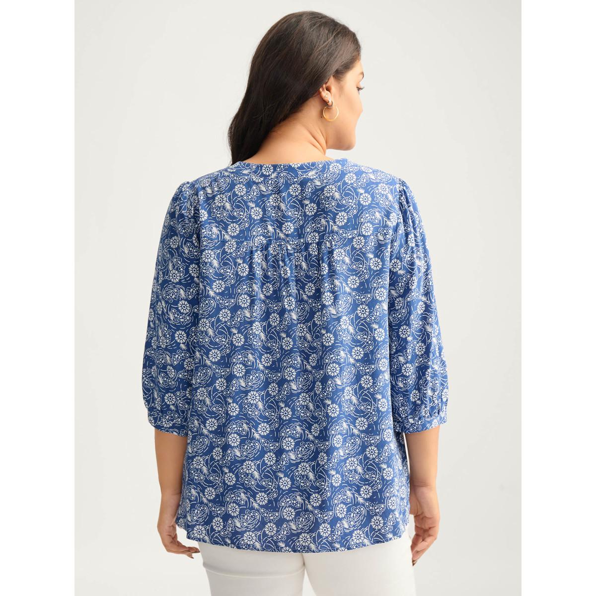 Plus Size Navy Floral Print Quarter Sleeve Blouse Women Leisure Elbow-length sleeve Notched collar Casual Blouses BloomChic 22-24/3X Product Image