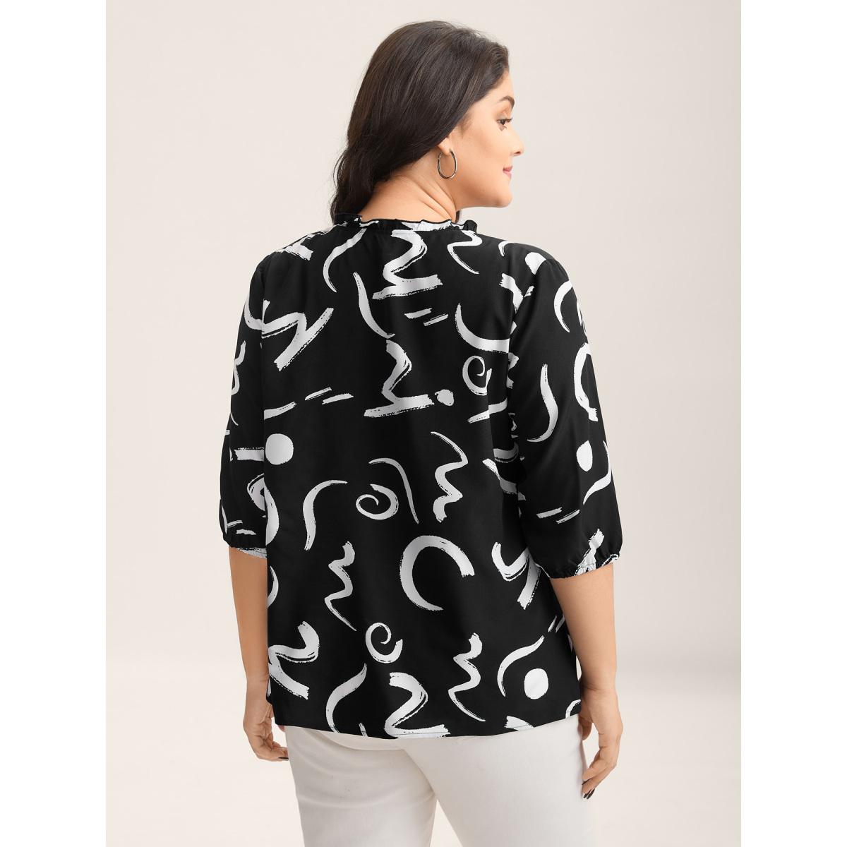 Plus Size Indigo Scribble Print Ruffled Split Neck Blouse Women Office Elbow-length sleeve Notched collar Office Blouses BloomChic 12/L Product Image