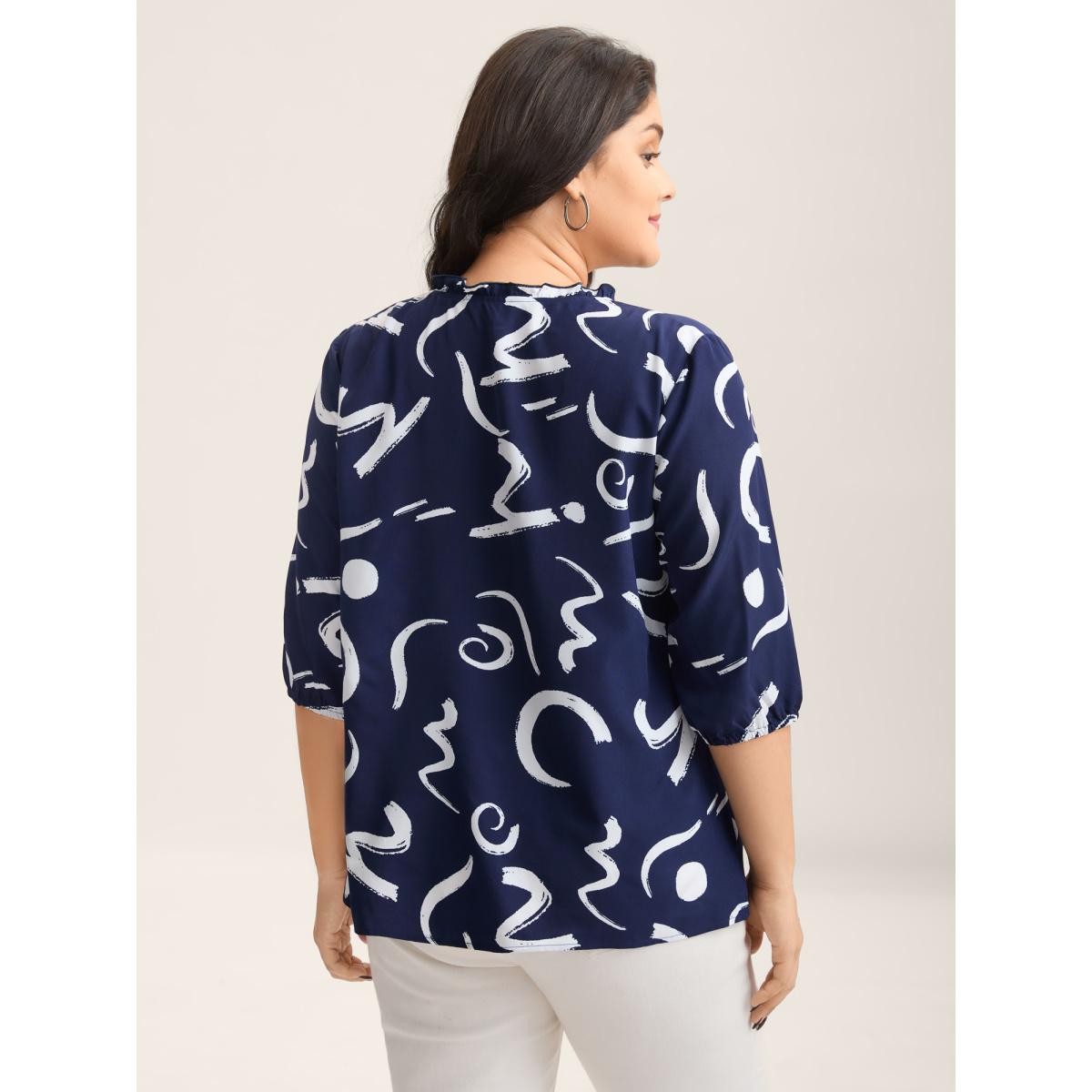 Plus Size Indigo Scribble Print Ruffled Split Neck Blouse Women Office Elbow-length sleeve Notched collar Office Blouses BloomChic 12/L Product Image