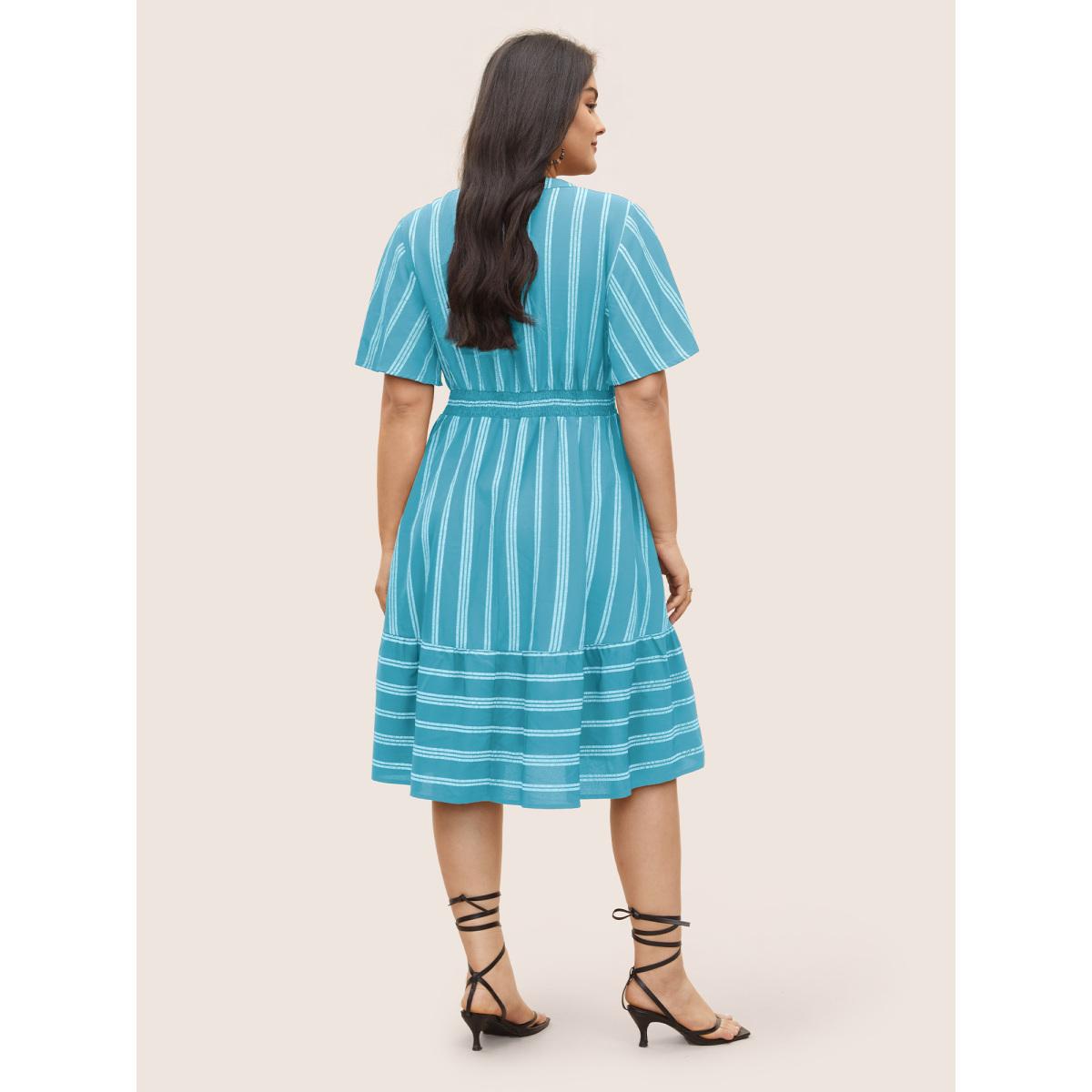 Plus Size Striped Patchwork Tassels Ties Shirred Dress LightBlue Women Boho Non V-neck Short sleeve Curvy Midi Dress BloomChic 26/4X Product Image