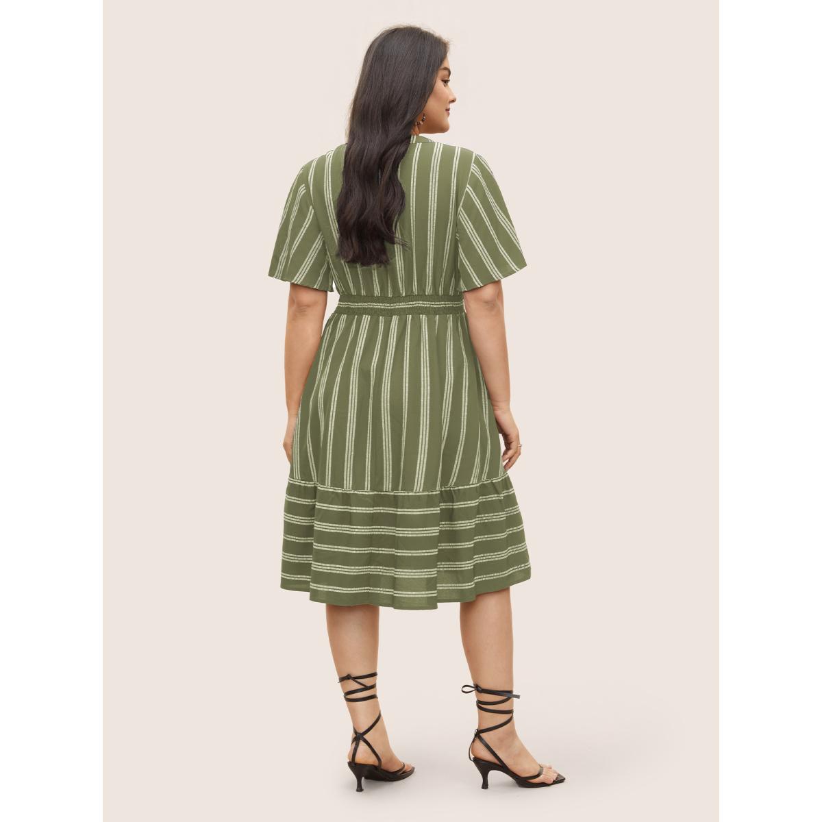 Plus Size Striped Patchwork Tassels Ties Shirred Dress Moss Women Boho Non V-neck Short sleeve Curvy Midi Dress BloomChic 14-16/1X Product Image