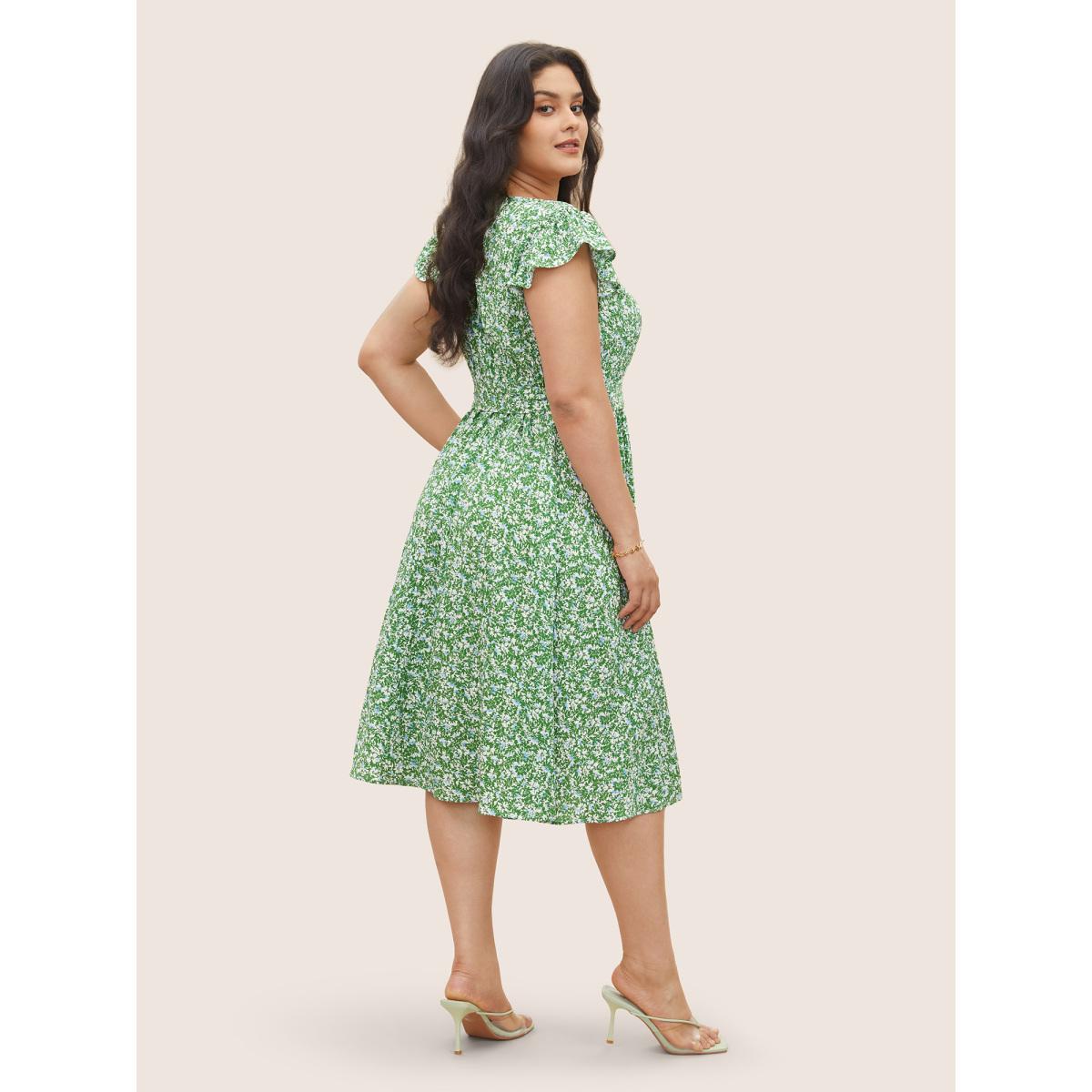 Plus Size Ditsy Floral Belted Flutter Cap Sleeve Dress Green Women Elegant Non Square Neck Cap Sleeve Curvy Midi Dress BloomChic 26/4X Product Image