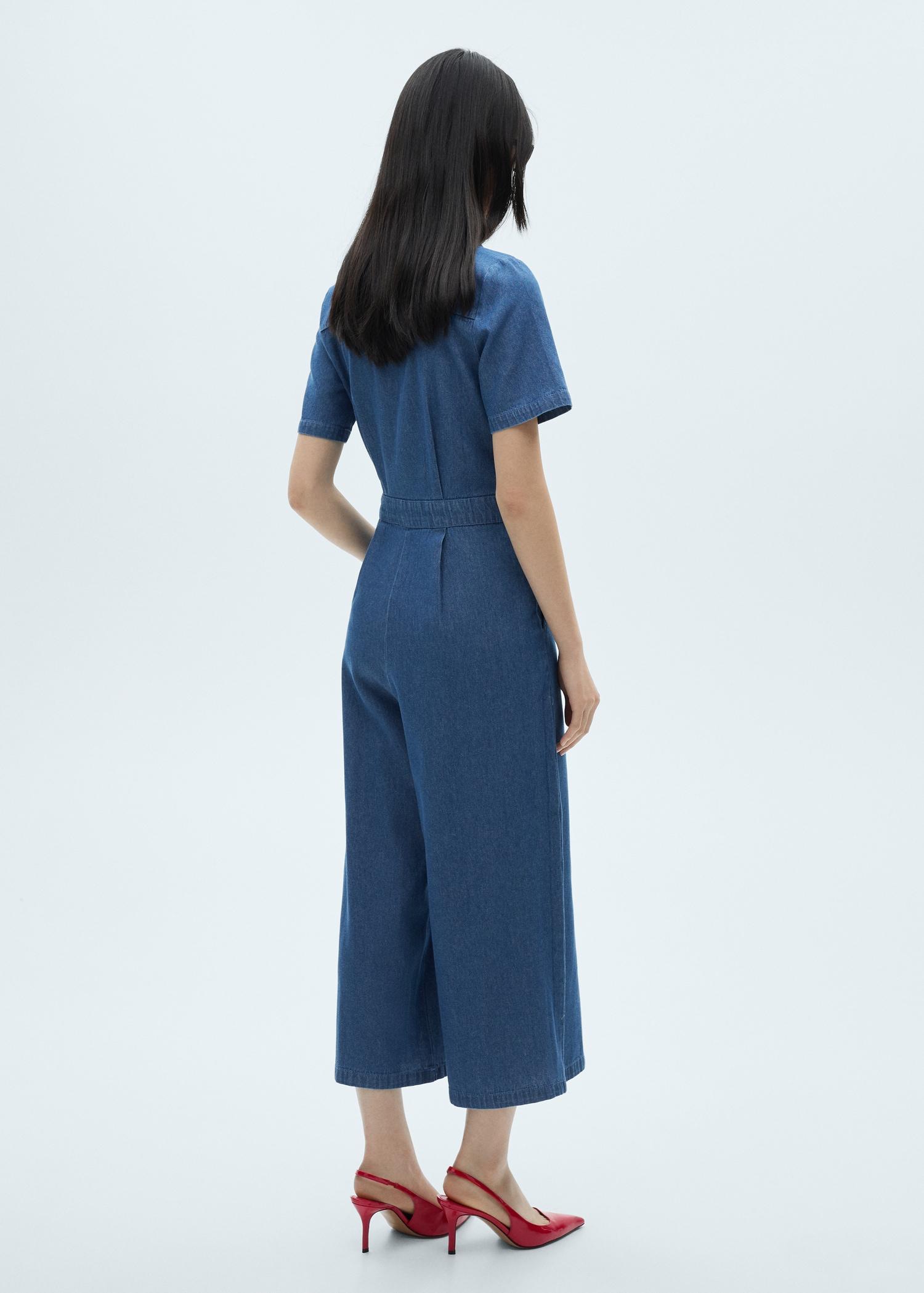 Short-sleeved denim jumpsuit - Women | MANGO USA Product Image