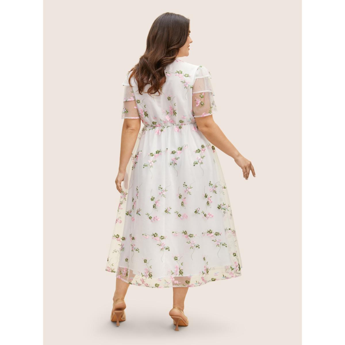 Plus Size Overlap Collar Mesh Floral Embroidered Tiered Ruffles Dress Originalwhite Women Formal Texture Overlap Collar Short sleeve Curvy BloomChic 18-20/2X Product Image