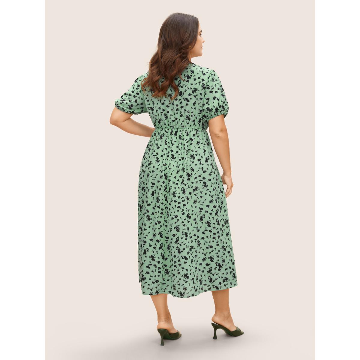 Plus Size Floral A-line Midi Dress Palemauve Women Elegant Tie knot Round Neck Short sleeve Curvy BloomChic 22-24/3X Product Image