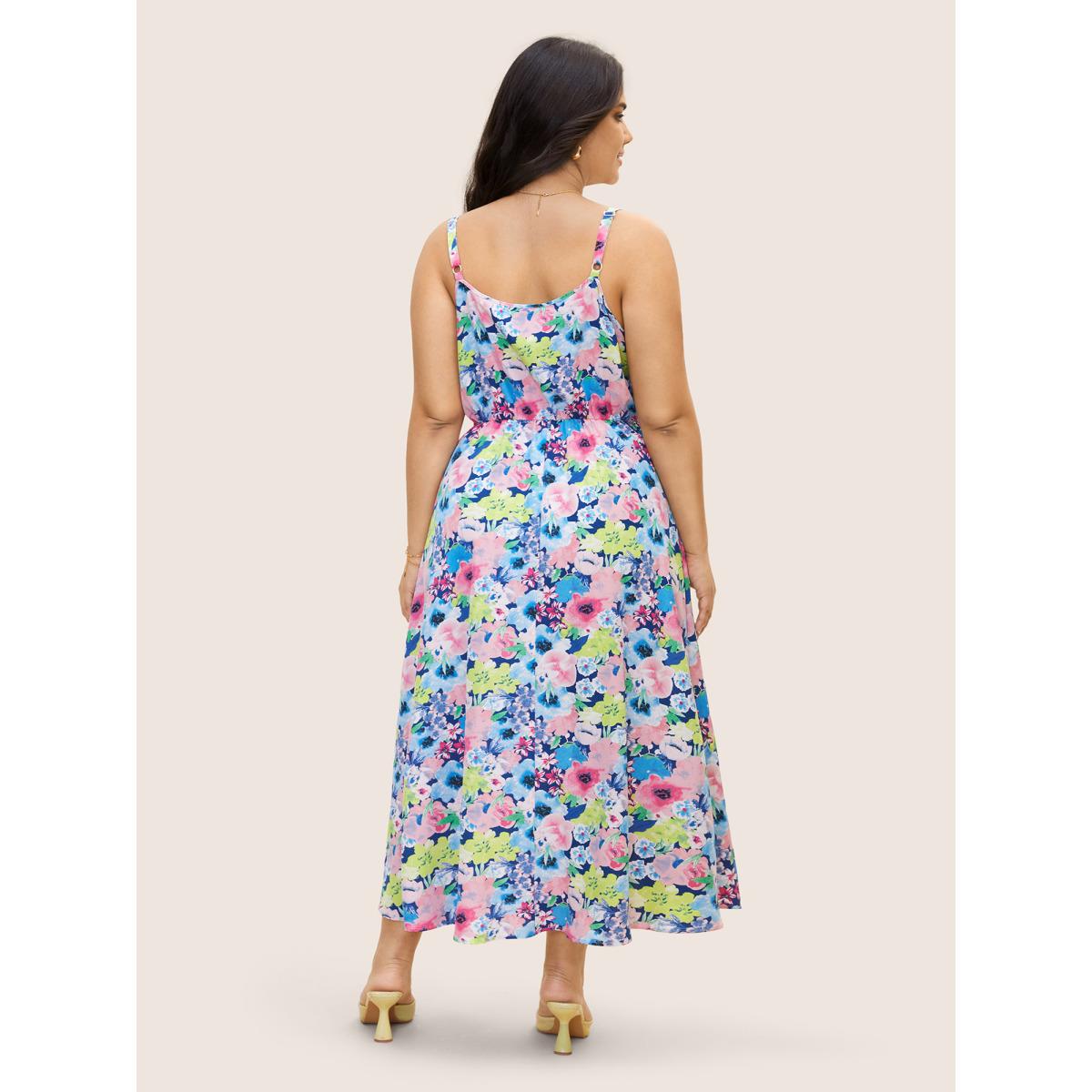 Plus Size V Neck Watercolor Floral Pleated Maxi Dress Brightblue Women Elegant Non V-neck Sleeveless Curvy BloomChic 26/4X Product Image