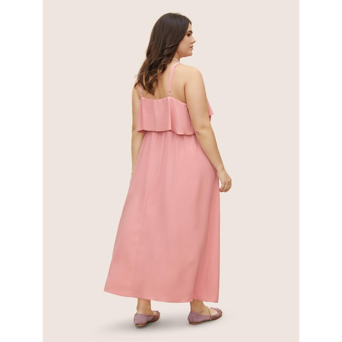 Plus Size Plain Ruffle Trim Pocket Adjustable Straps Dress Watermelon Women Formal Ruffles Non Sleeveless Curvy Midi Dress BloomChic 10/M Product Image