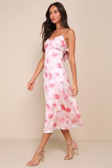 Easily Radiant Pink Floral Print Tie-Back Midi Dress Product Image