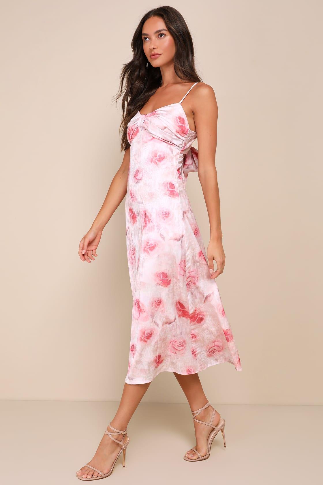 Easily Radiant Pink Floral Print Tie-Back Midi Dress Product Image