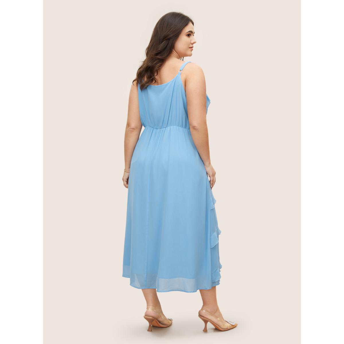 Plus Size V Neck Ruffle Trim Elastic Waist Cami Dress LightBlue Women Formal Ruffles Non Sleeveless Curvy BloomChic 10/M Product Image