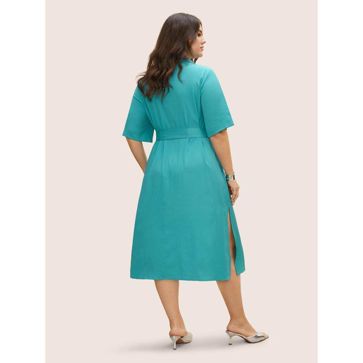 Plus Size Shirt Collar Solid Flap Pocket Split Hem Dress Turquoise Women At the Office Belted Shirt collar Half Sleeve Curvy BloomChic 18-20/2X Product Image