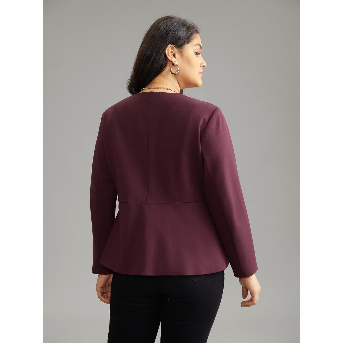 Plus Size Plain Deep V Neck Buckle Detail Blazer Burgundy Women Office Plain Sleeve Long Sleeve Deep V-neck 12/L Office Blazers BloomChic Product Image