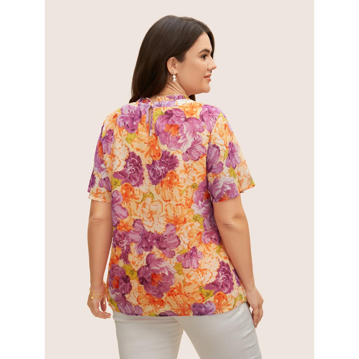 Plus Size Multicolor Mock Neck Contrast Floral Flutter Sleeve Blouse Women Elegant Short sleeve Mock Neck Everyday Blouses BloomChic 18-20/2X Product Image