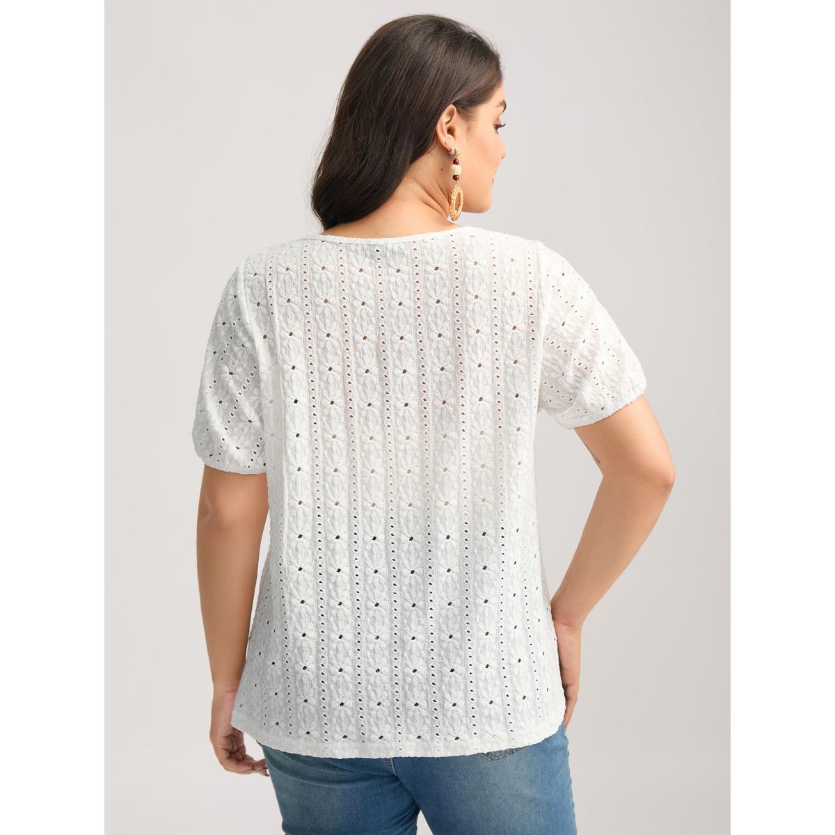 Plus Size Eyelet Trim Floral Embroidered Solid T-Shirt Opticwhite Women Romantic Woven ribbon&lace trim Square Neck Elegant T-shirts BloomChic 22-24/3X Product Image