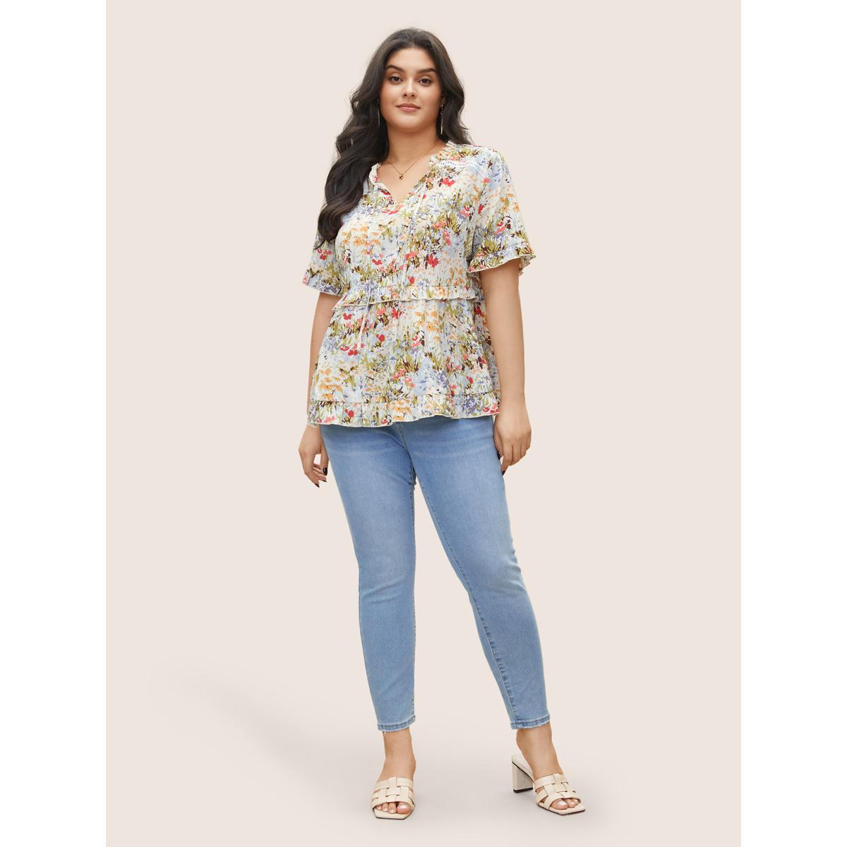 Plus Size Ivory Allover Print Tiered Ruffles Lace Patchwork Ties Blouse Women Elegant Short sleeve Notched collar Everyday Blouses BloomChic 12/L Product Image