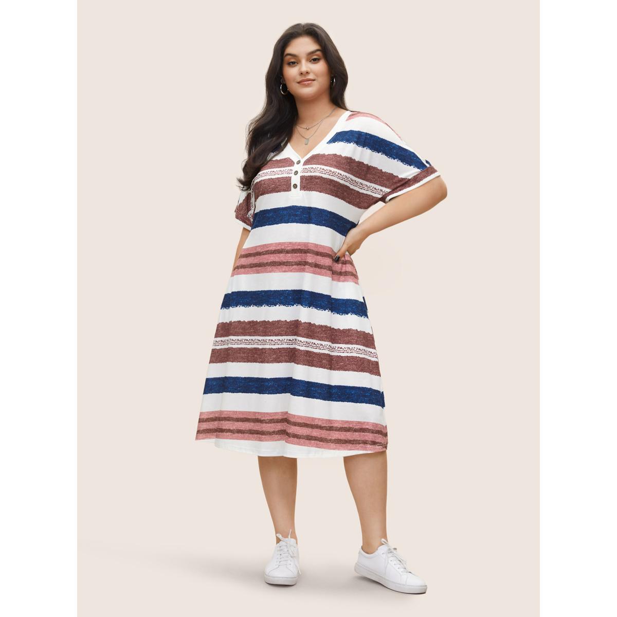 Plus Size Contrast Striped Button Detail Pocket Dress Multicolor Women Casual Non V-neck Short sleeve Curvy Midi Dress BloomChic 10/M Product Image