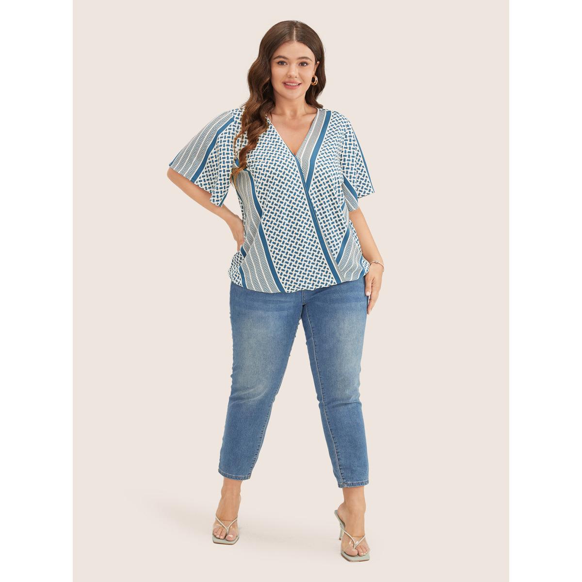 Plus Size Aegean Geometric Contrast Ruffle Sleeve Wrap Blouse Women Resort Short sleeve Overlap Collar Vacation Blouses BloomChic 18-20/2X Product Image