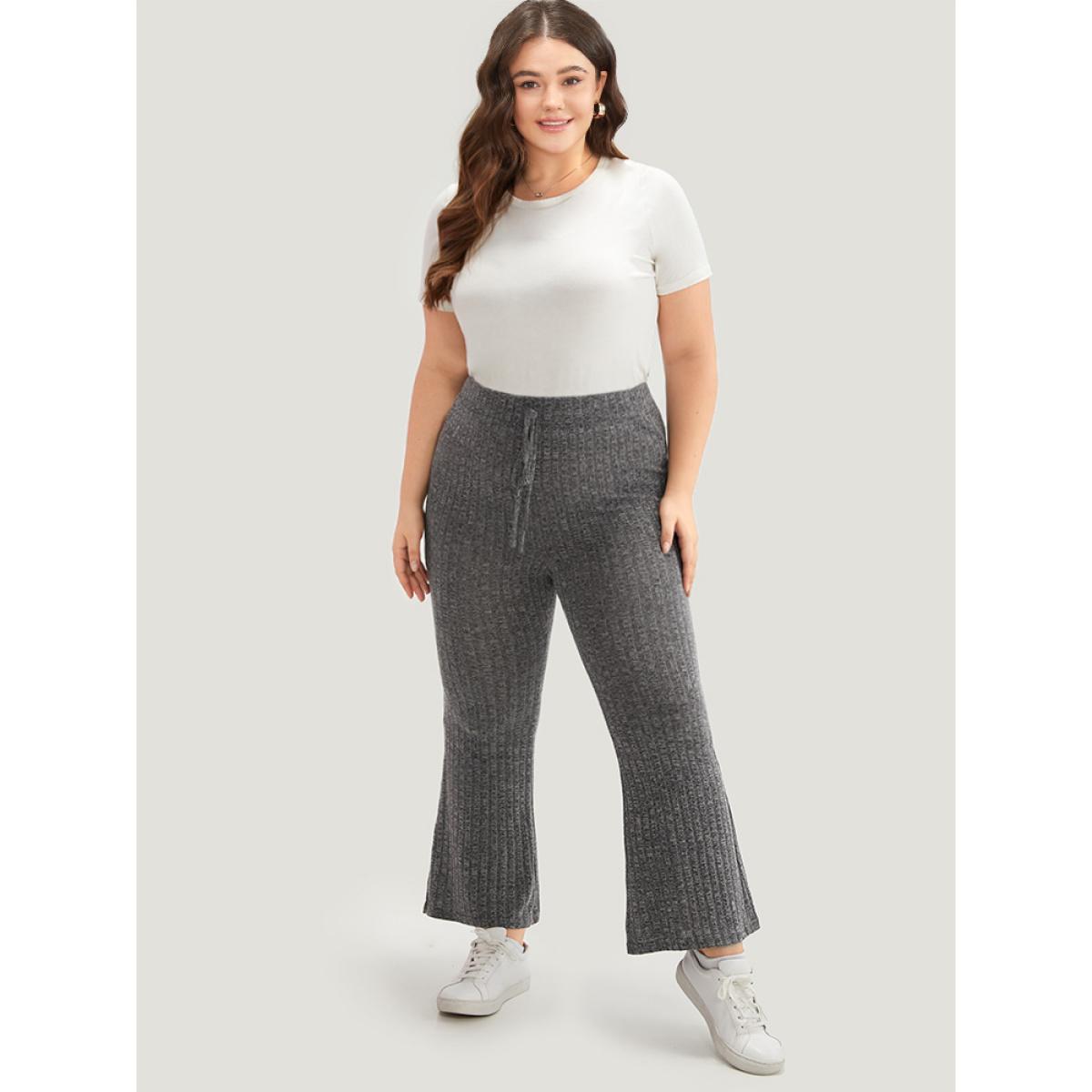 Rib Knit Bowknot Flare Leg Sweatpants Gray Plus Size Women Casual Dailywear Plain 12/L Bloomchic Product Image