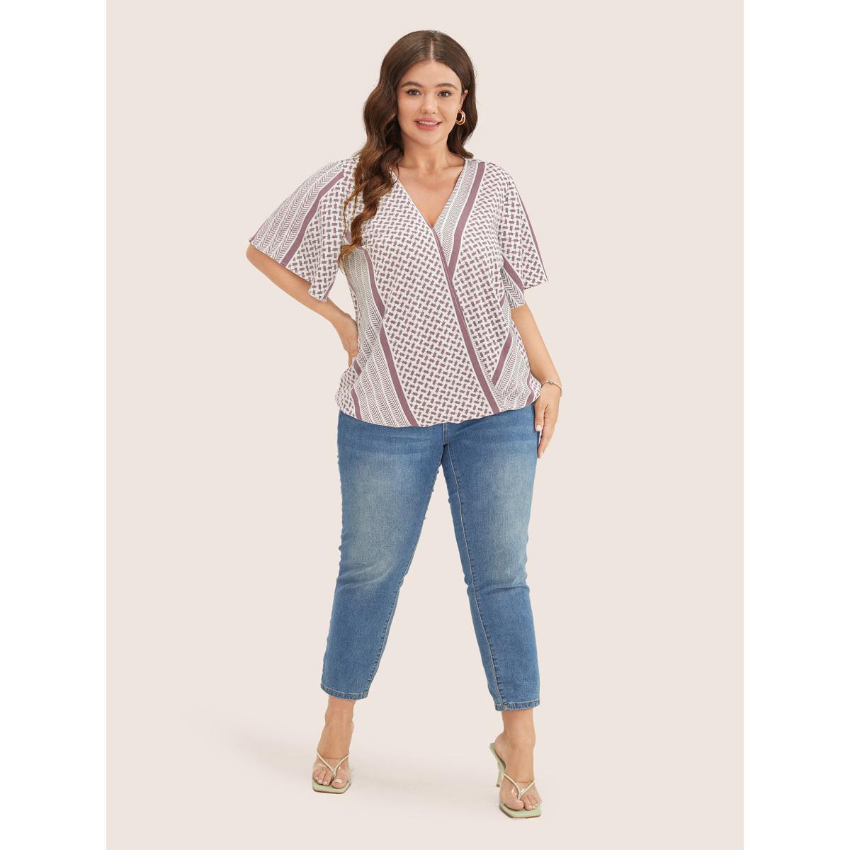 Plus Size DustyPink Geometric Contrast Ruffle Sleeve Wrap Blouse Women Resort Short sleeve Overlap Collar Vacation Blouses BloomChic 18-20/2X Product Image