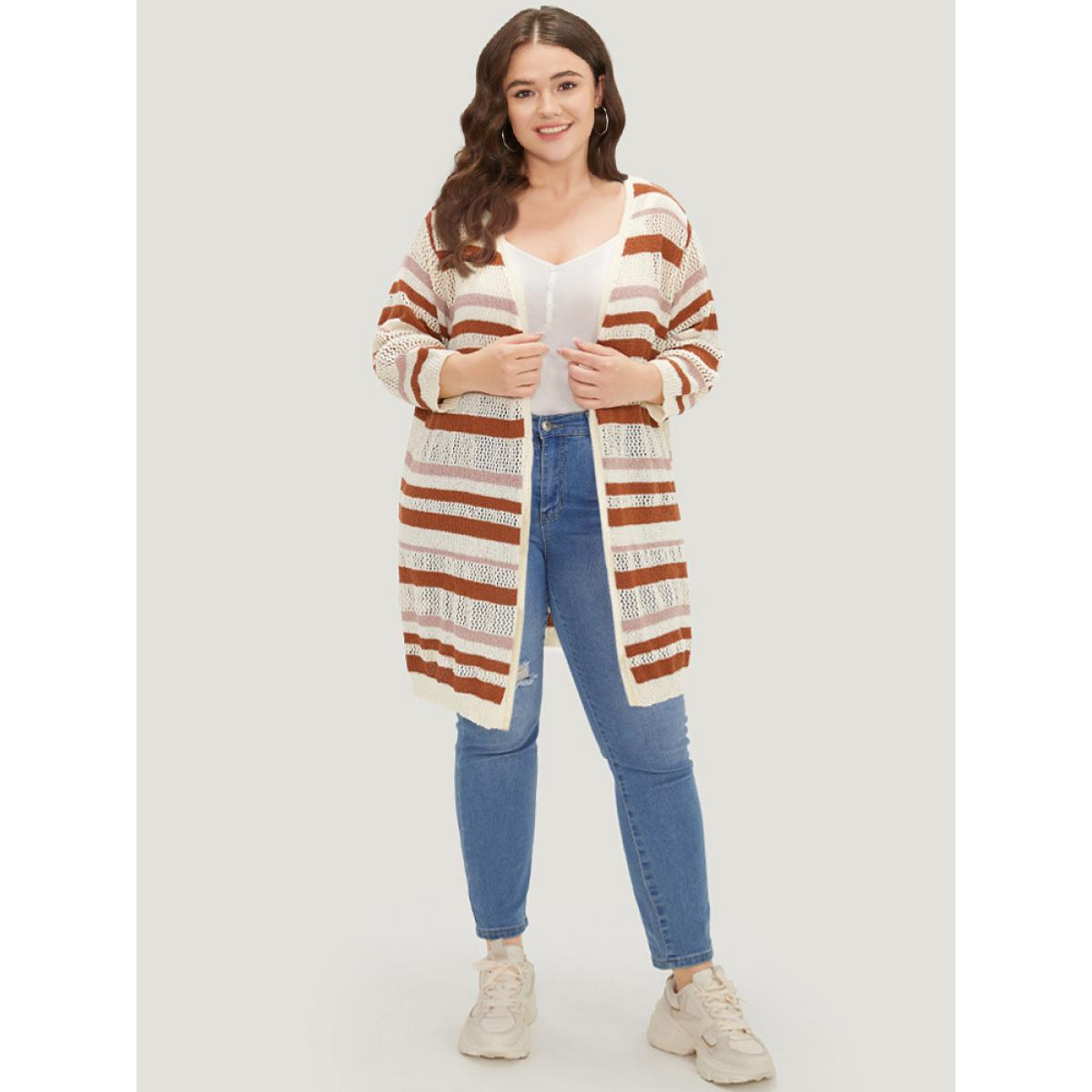 Plus Size Striped Hollow Out Open Front Split Hem Cardigan Multicolor Women Casual Loose Elbow-length sleeve Dailywear Cardigans BloomChic 22-24/3X Product Image