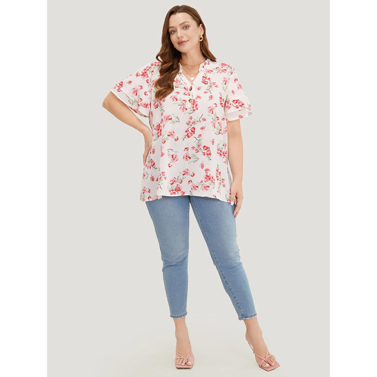 Plus Size White Floral Printed Button Up Flutter Layered Sleeve Blouse Women Elegant Short sleeve Notched collar Dailywear Blouses BloomChic 14-16/1X Product Image