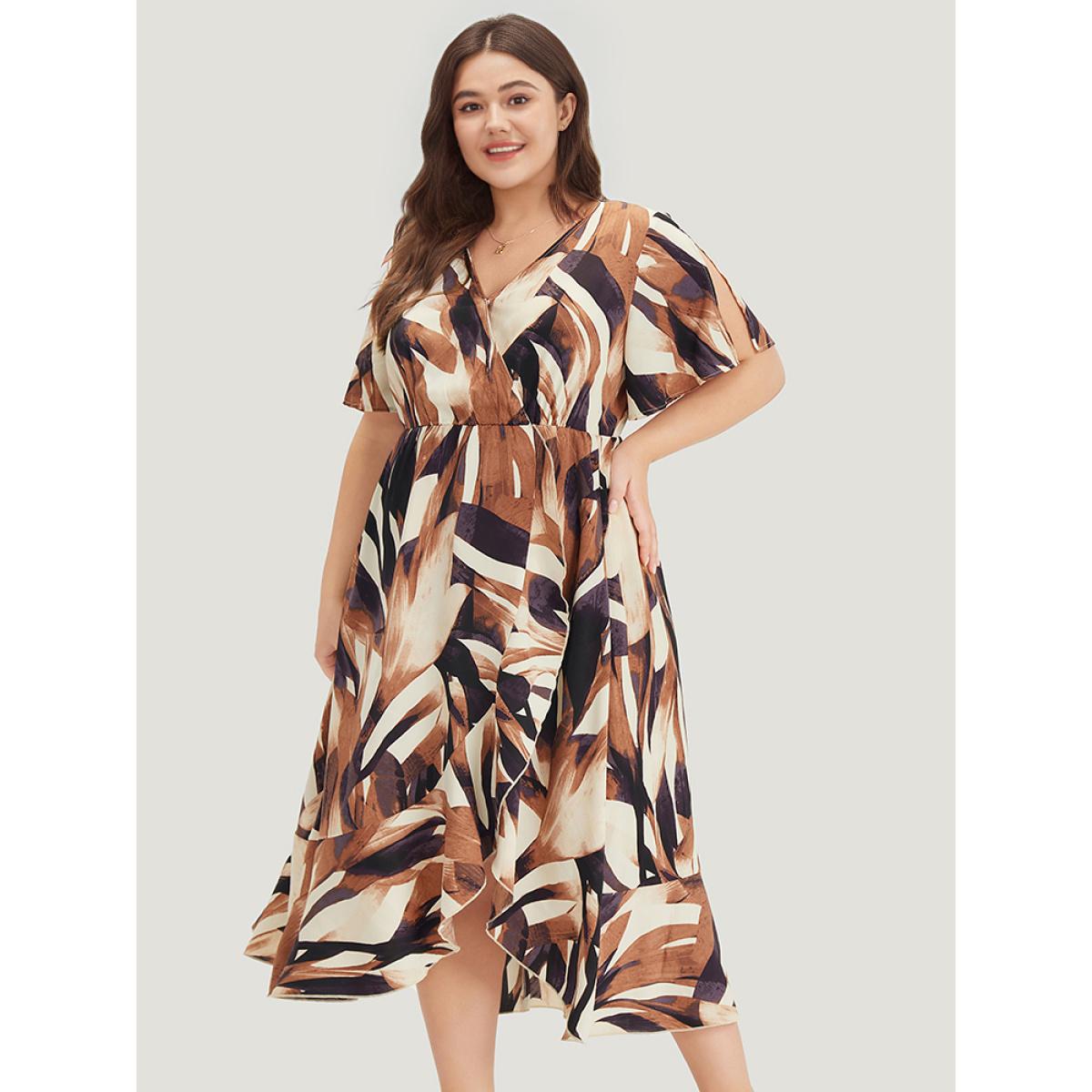 Plus Size Allover Print Pocket Wrap Ruffle Irregular Hem Dress DarkBrown Women Elegant Wrap V-neck Short sleeve Curvy Midi Dress BloomChic 18-20/2X Product Image