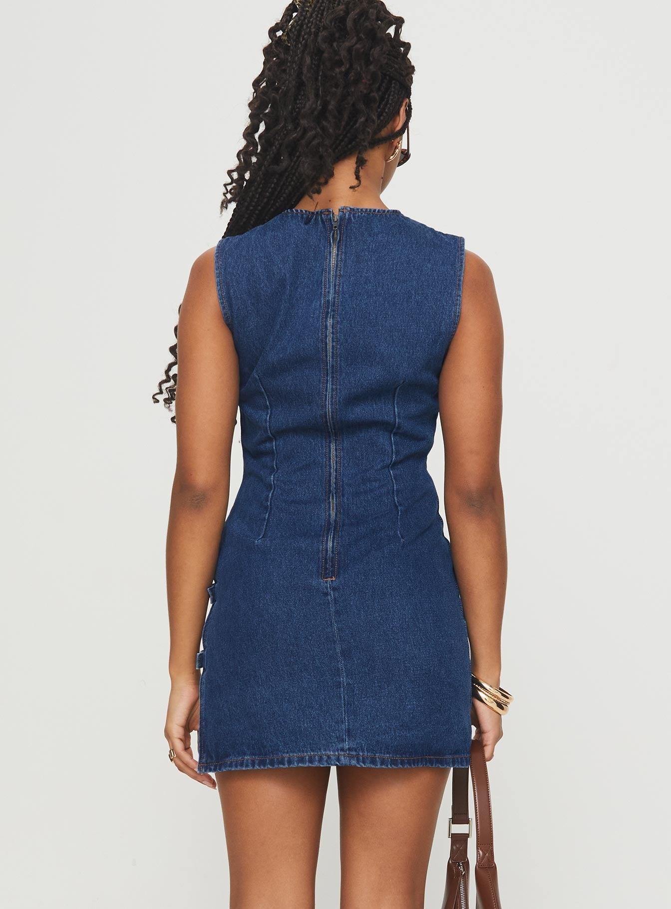 Eilein Sculpted Denim Mini Dress Dark Wash Product Image