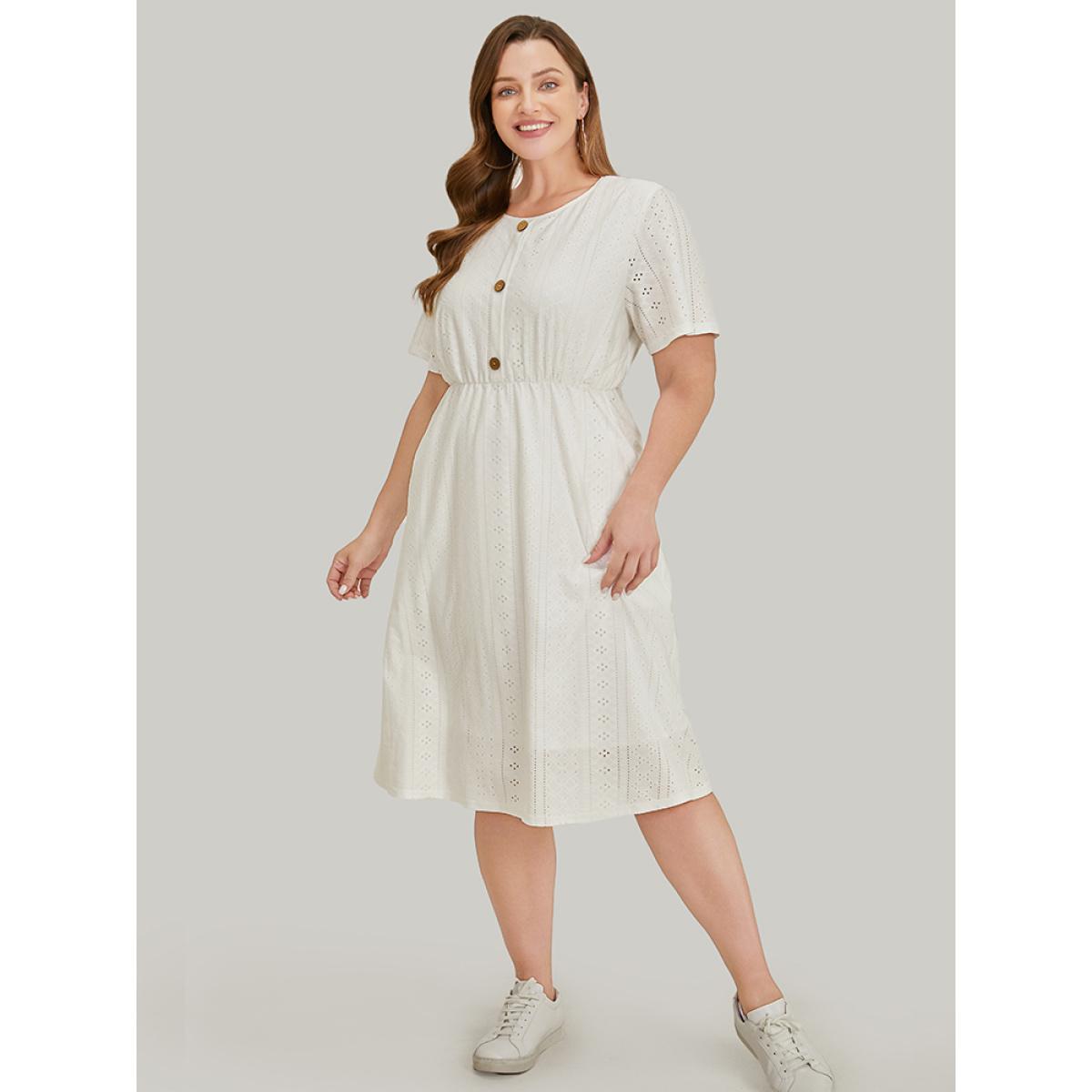 Plus Size Solid Button Detail Pocket Broderie Anglaise Dress White Women Vacation Button Round Neck Short sleeve Curvy Midi Dress BloomChic 22-24/3X Product Image