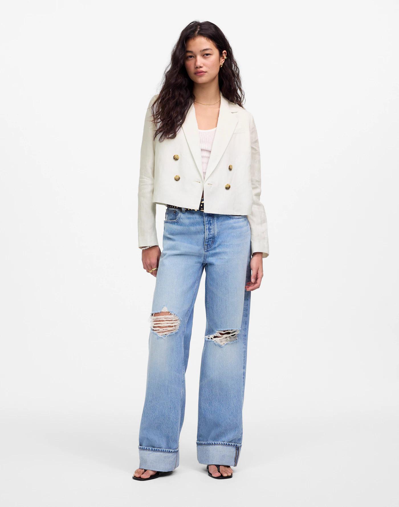Double-Breasted Crop Blazer in 100% Linen Product Image
