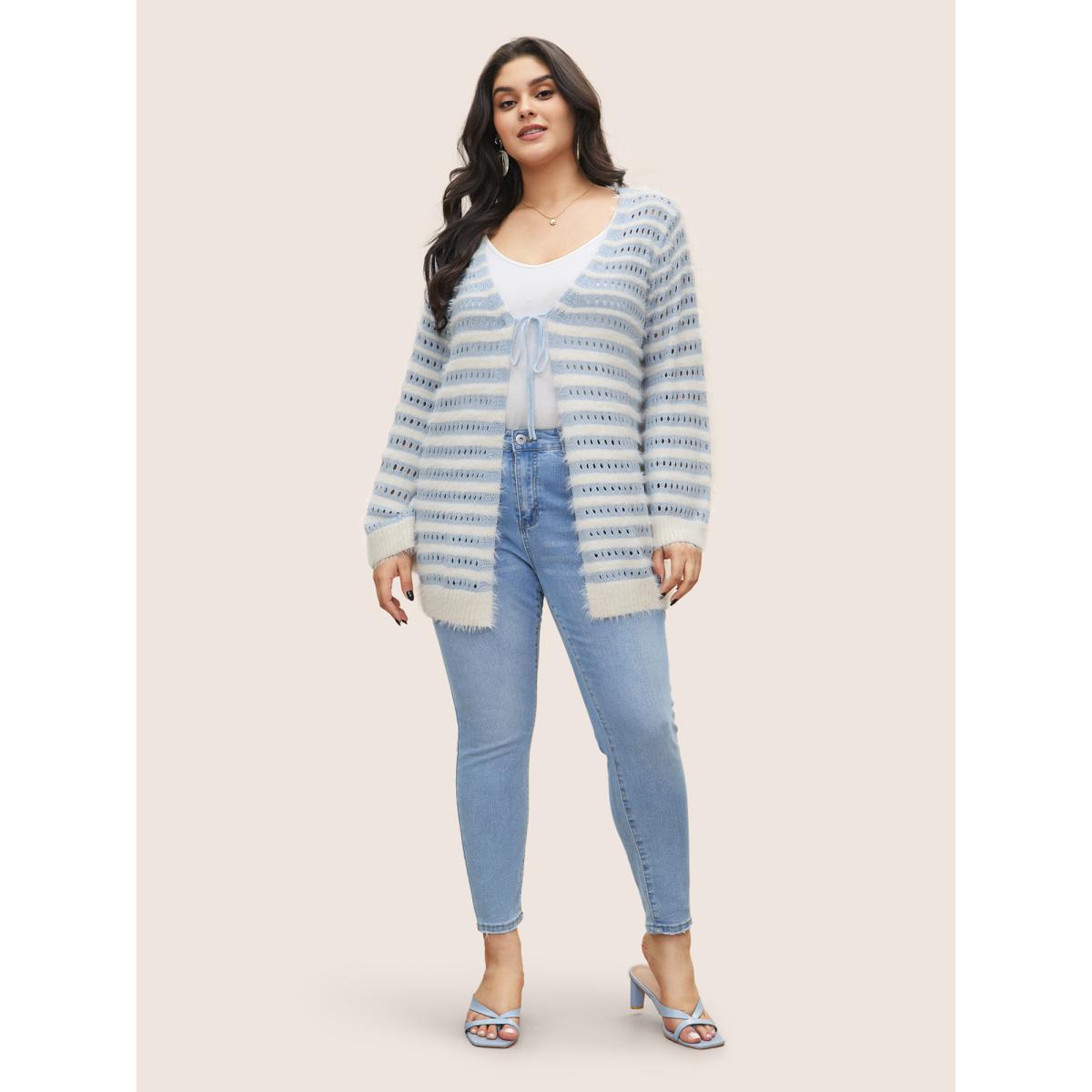 Plus Size Striped Contrast Ties Front Eyelet Cardigan LightBlue Women Casual Long Sleeve Everyday Cardigans BloomChic 10/M Product Image