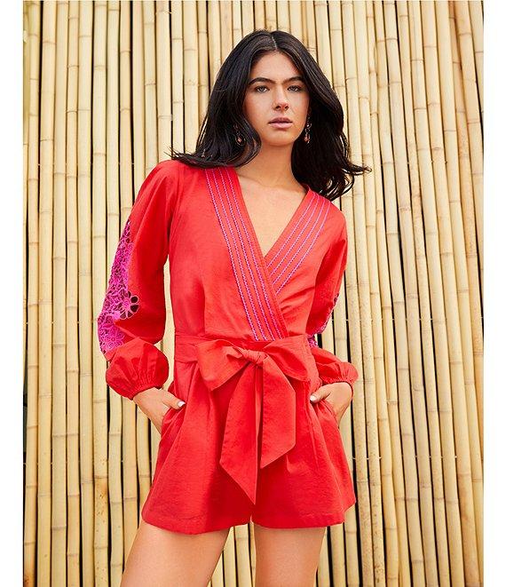 Chelsea & Violet Livvy V-Neckline Long Sleeve Crochet Detail Romper Product Image