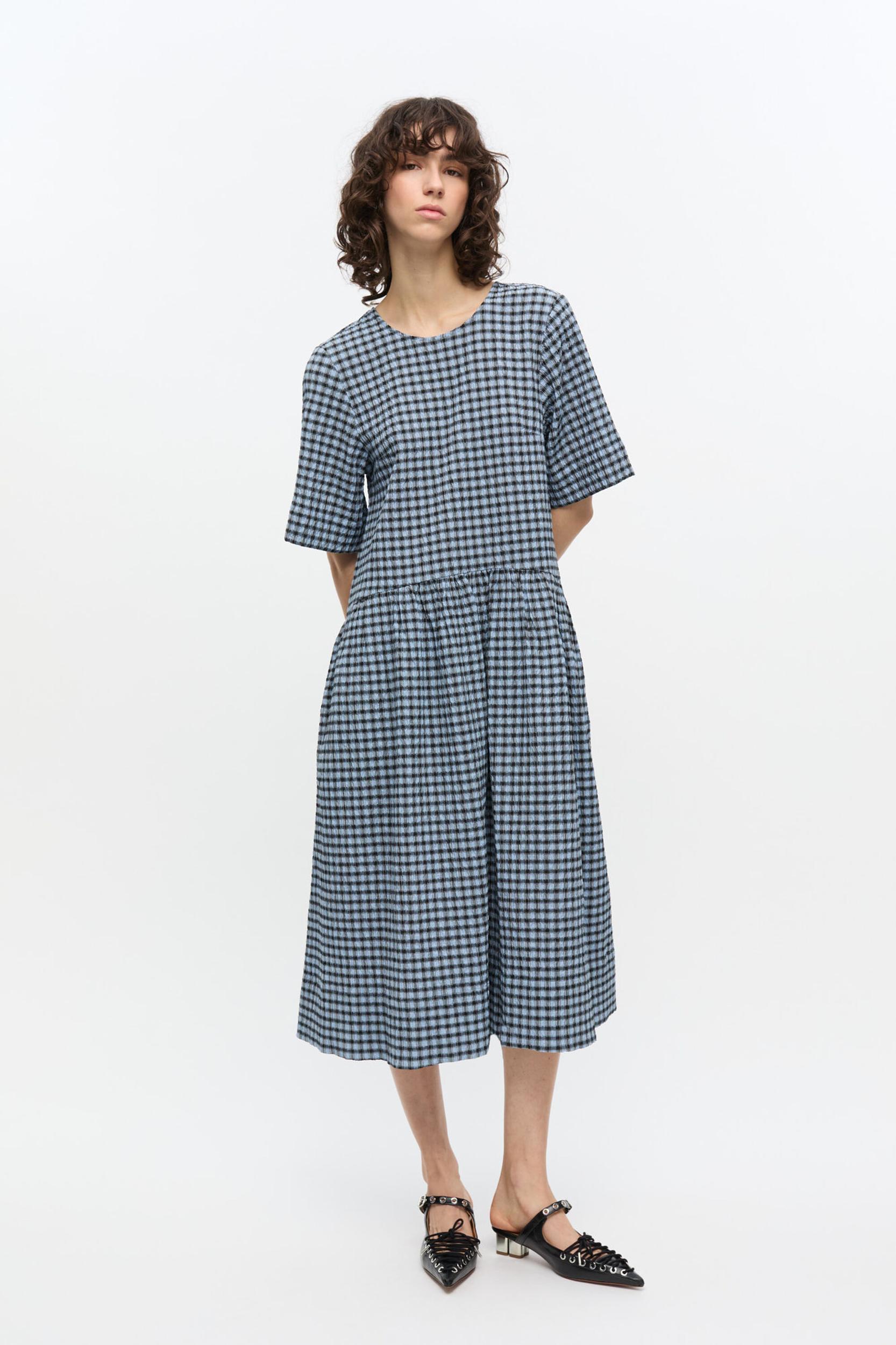 Blue Seersucker Check Midi Dress Product Image
