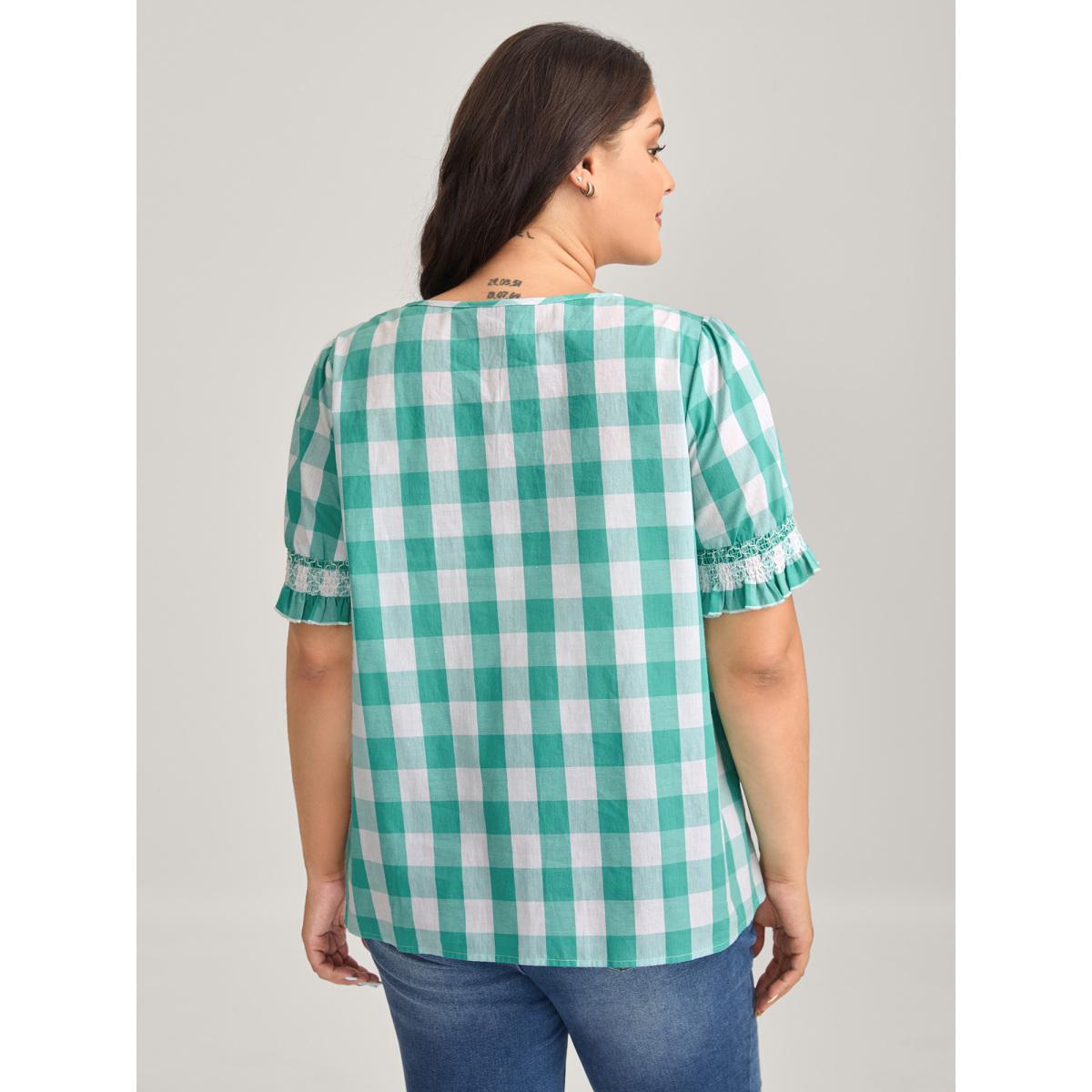 Plus Size Turquoise Cotton Plaid Print Shirred Neck Puffy Blouse Women Short sleeve Round Neck Everyday-Casual Blouses BloomChic 26/4X Product Image