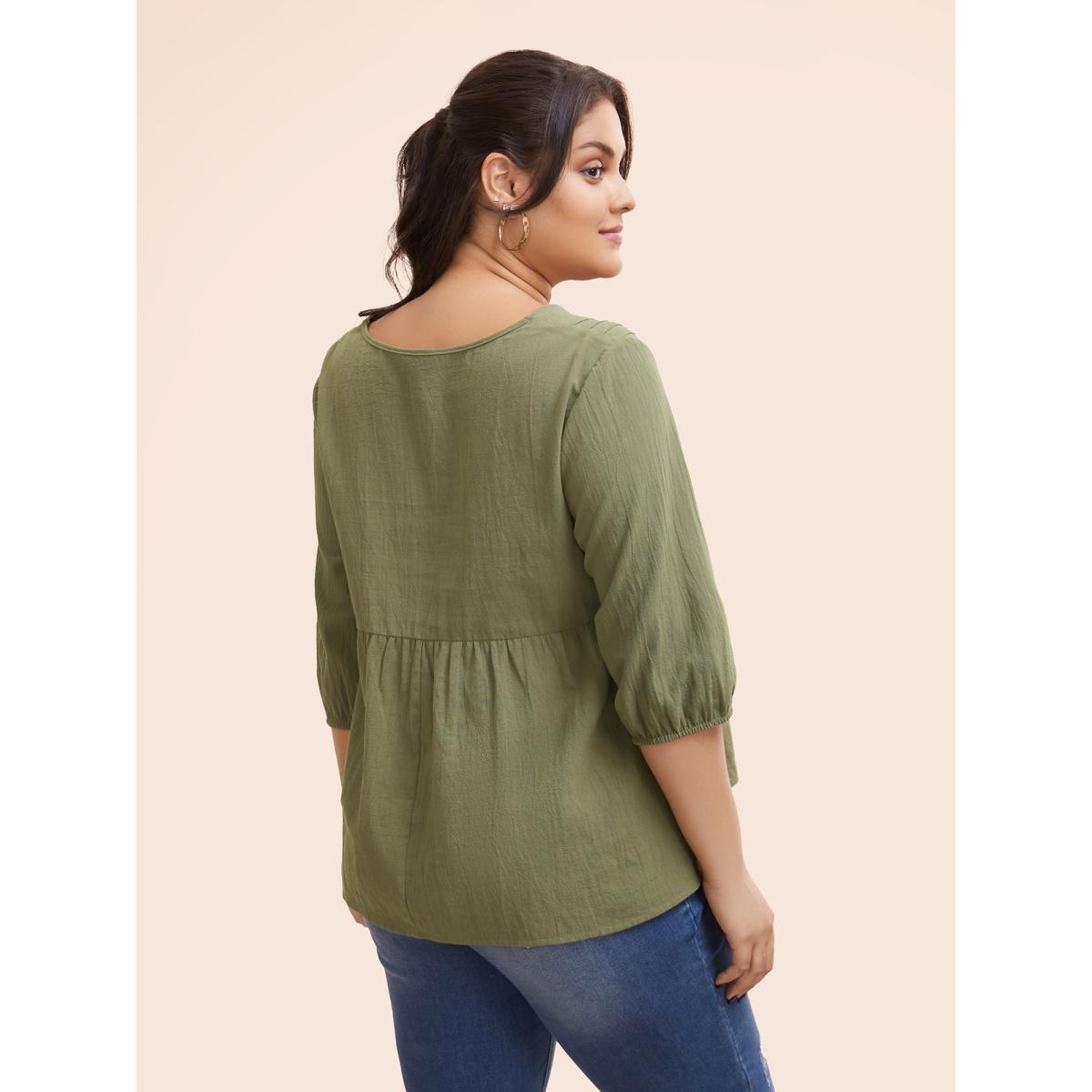 Plus Size Sage Solid Lantern Sleeve Pleated Blouse Women Resort Elbow-length sleeve V-neck Vacation Blouses BloomChic 18-20/2X Product Image