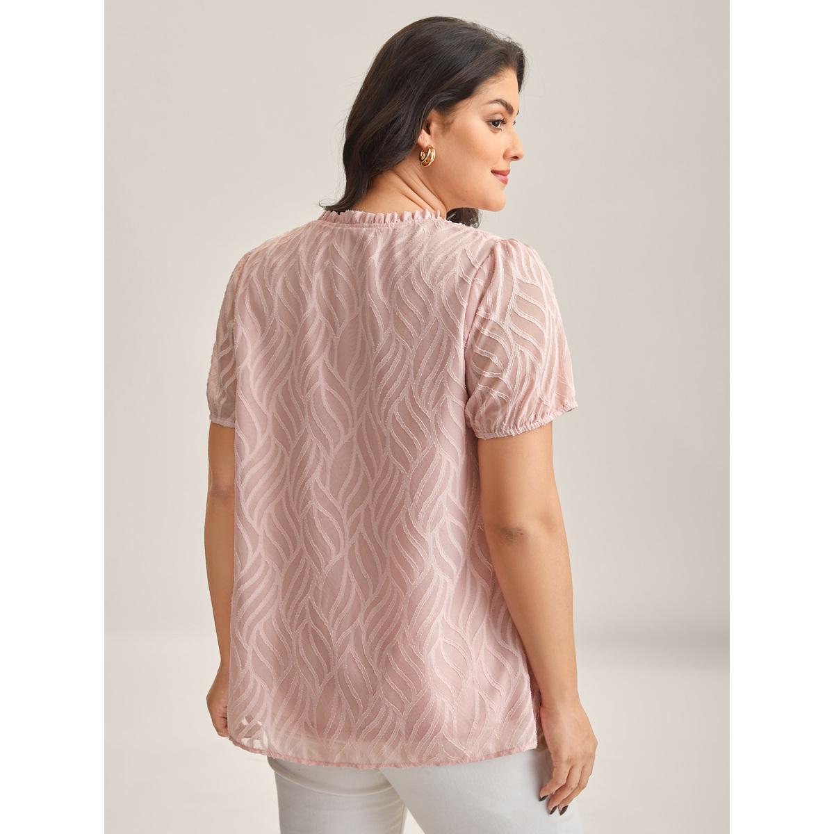 Plus Size Crepe Textured Ruffled Neck A-Line Blouse Women Office Short sleeve Round Neck Office Blouses BloomChic 14-16/1X Product Image