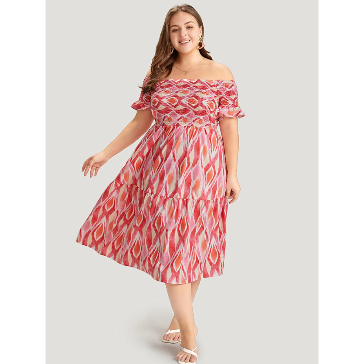 Plus Size Geometric Print Pocket Shirred Ruffles Sleeve Off Shoulder Dress Multicolor Women Elegant One-shoulder neck Short sleeve Curvy Midi Dress BloomChic 28/5X Product Image