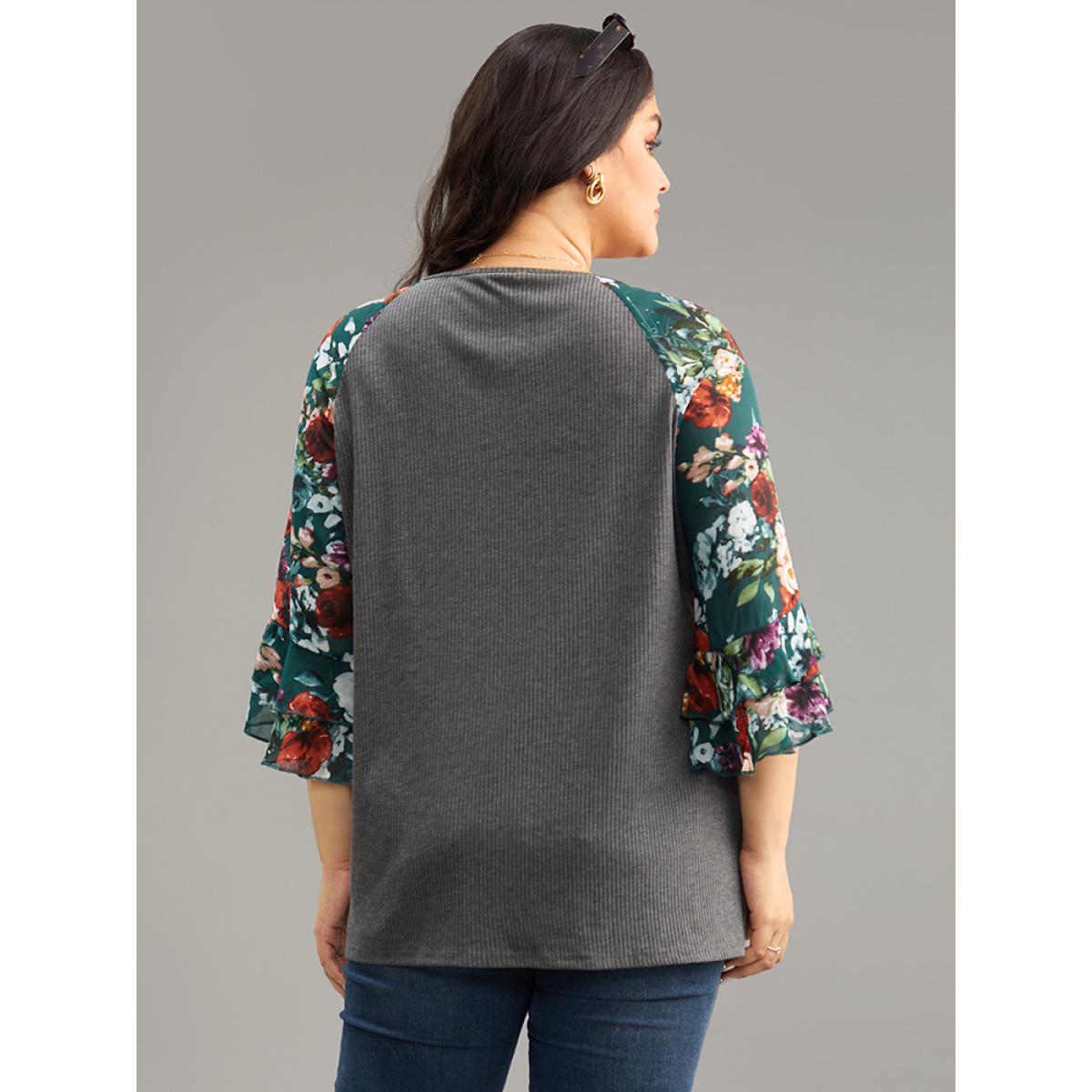 Plus Size Floral Patchwork Flutters Raglan Sleeve T-shirt DimGray Women Elegant Printed Floral V-neck Dailywear T-shirts BloomChic 28/5X Product Image