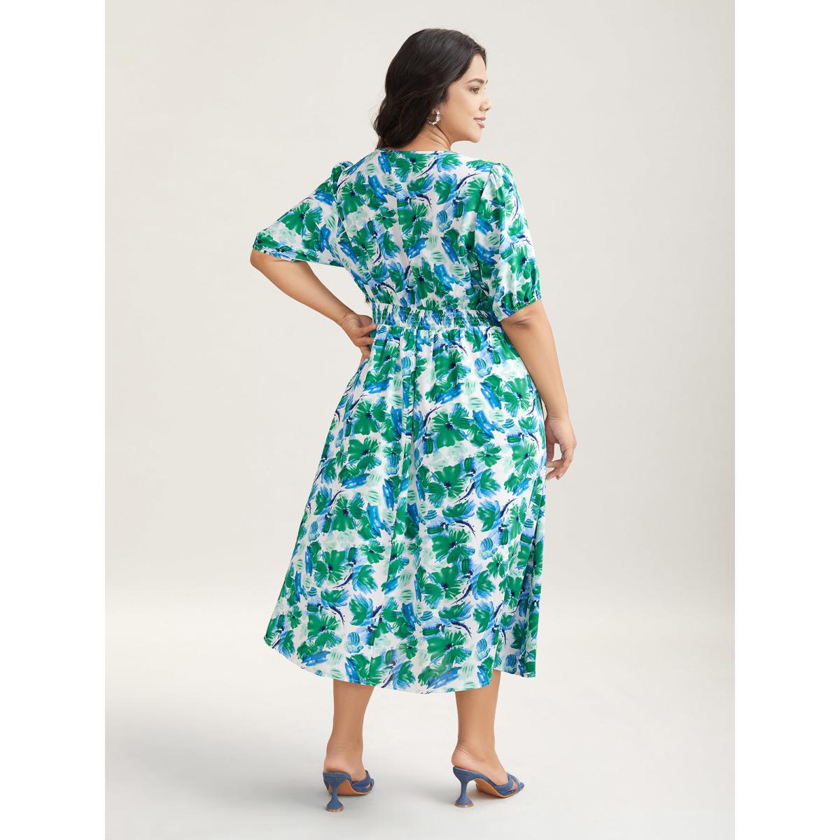 Plus Size Brush Stroke Floral Surplice Neck Midi Dress Mediumblue Women Elegant Gathered Overlap Collar Short sleeve Curvy BloomChic 18-20/2X Product Image