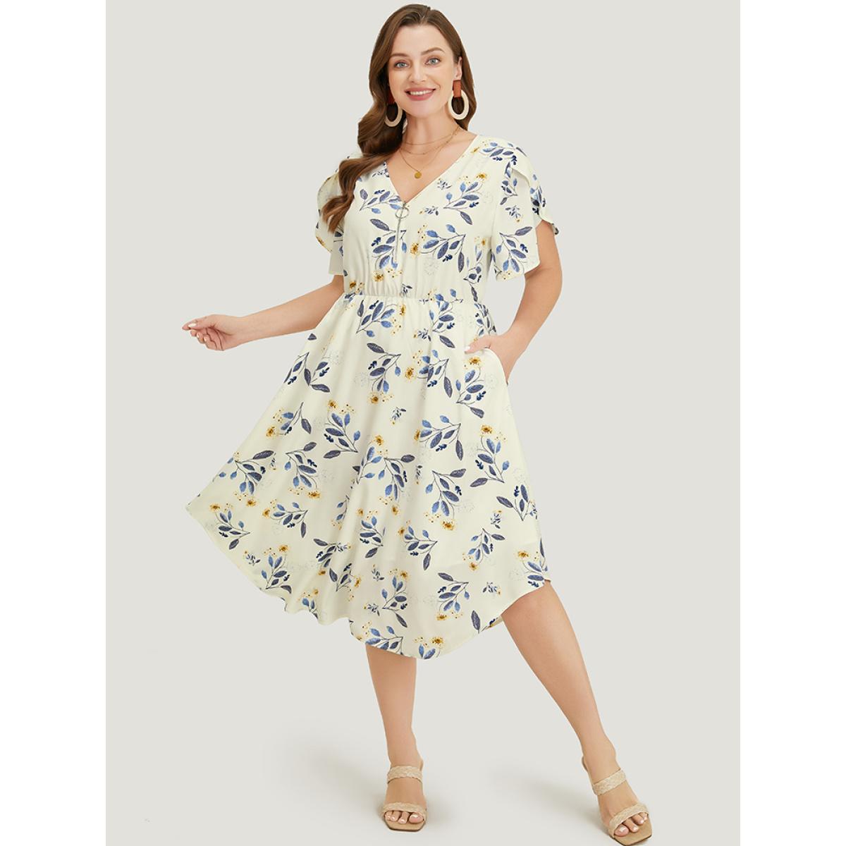 Plus Size Floral Arc Hem Pocket Split Petal Sleeve Zip Up Dress Ivory Women Office Lined V-neck Short sleeve Curvy Midi Dress BloomChic 14-16/1X Product Image