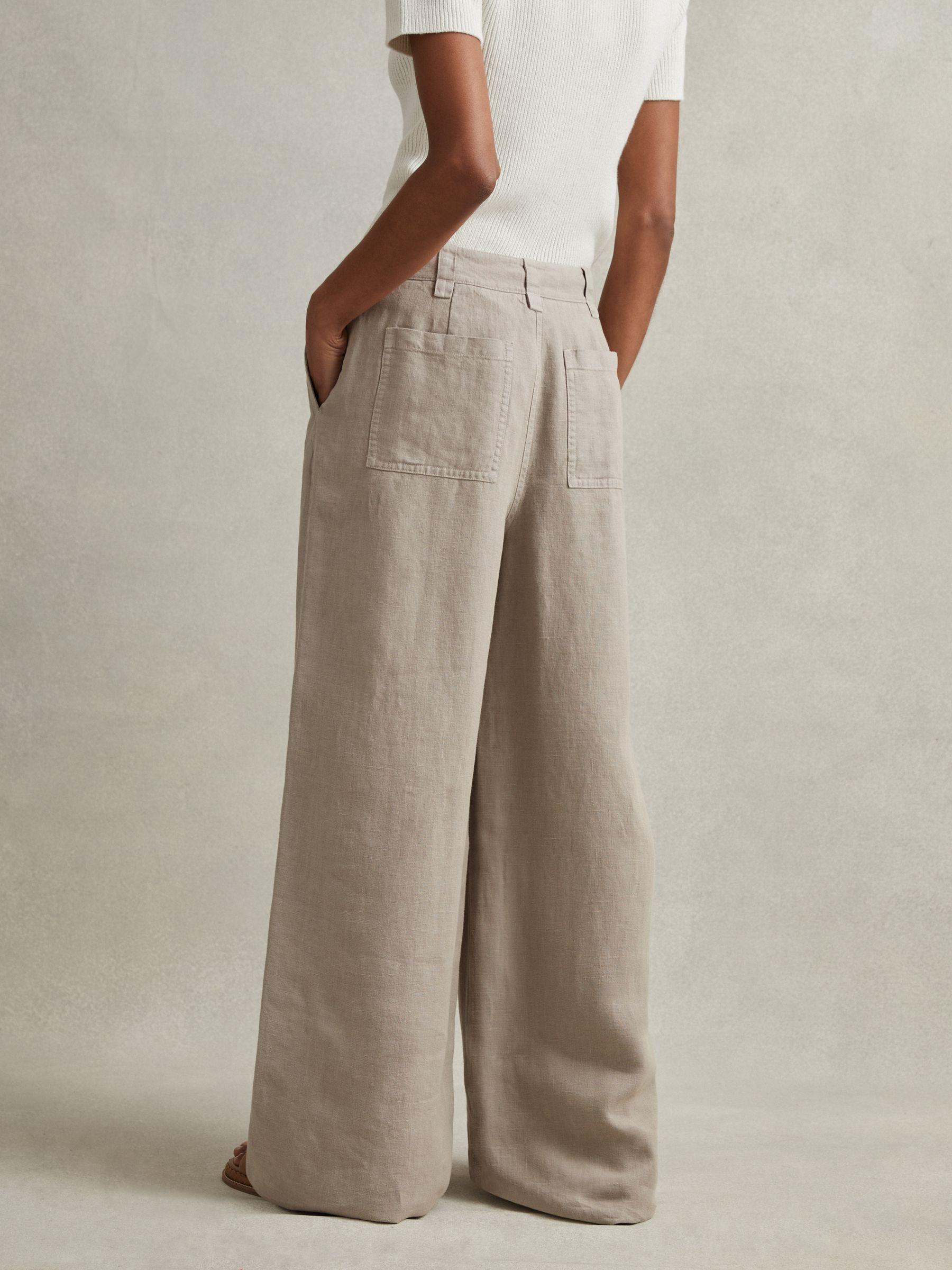 Linen Wide Leg Garment Dyed Trousers in Light Khaki Product Image